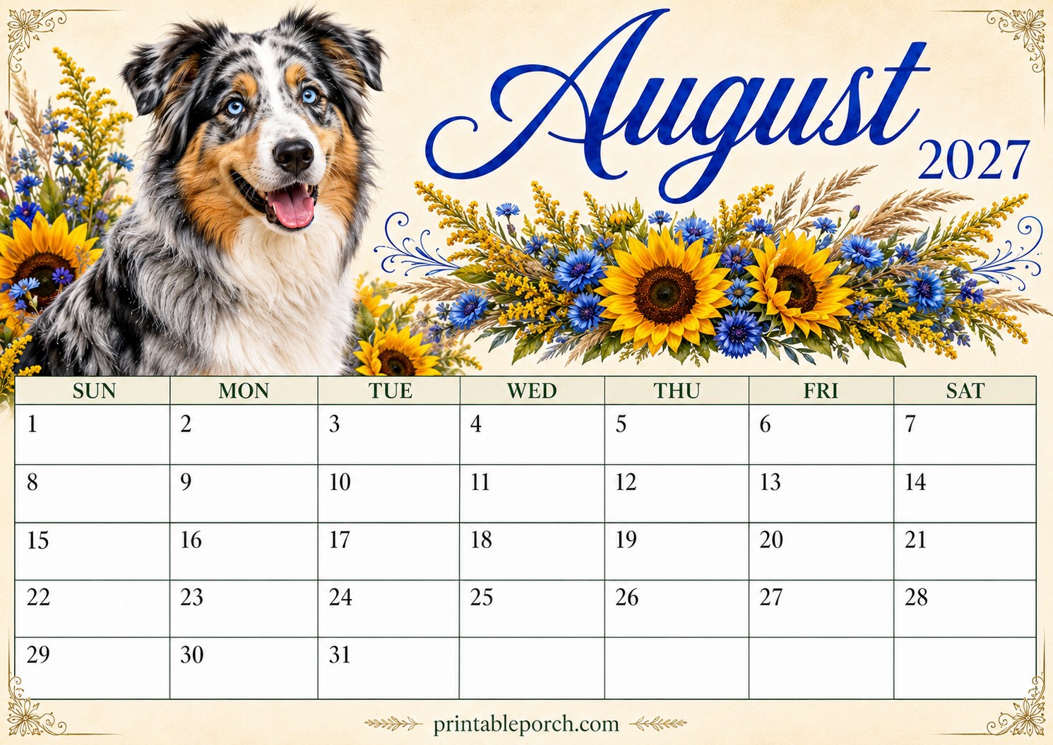 Watercolor Dogs August 2027 Calendar