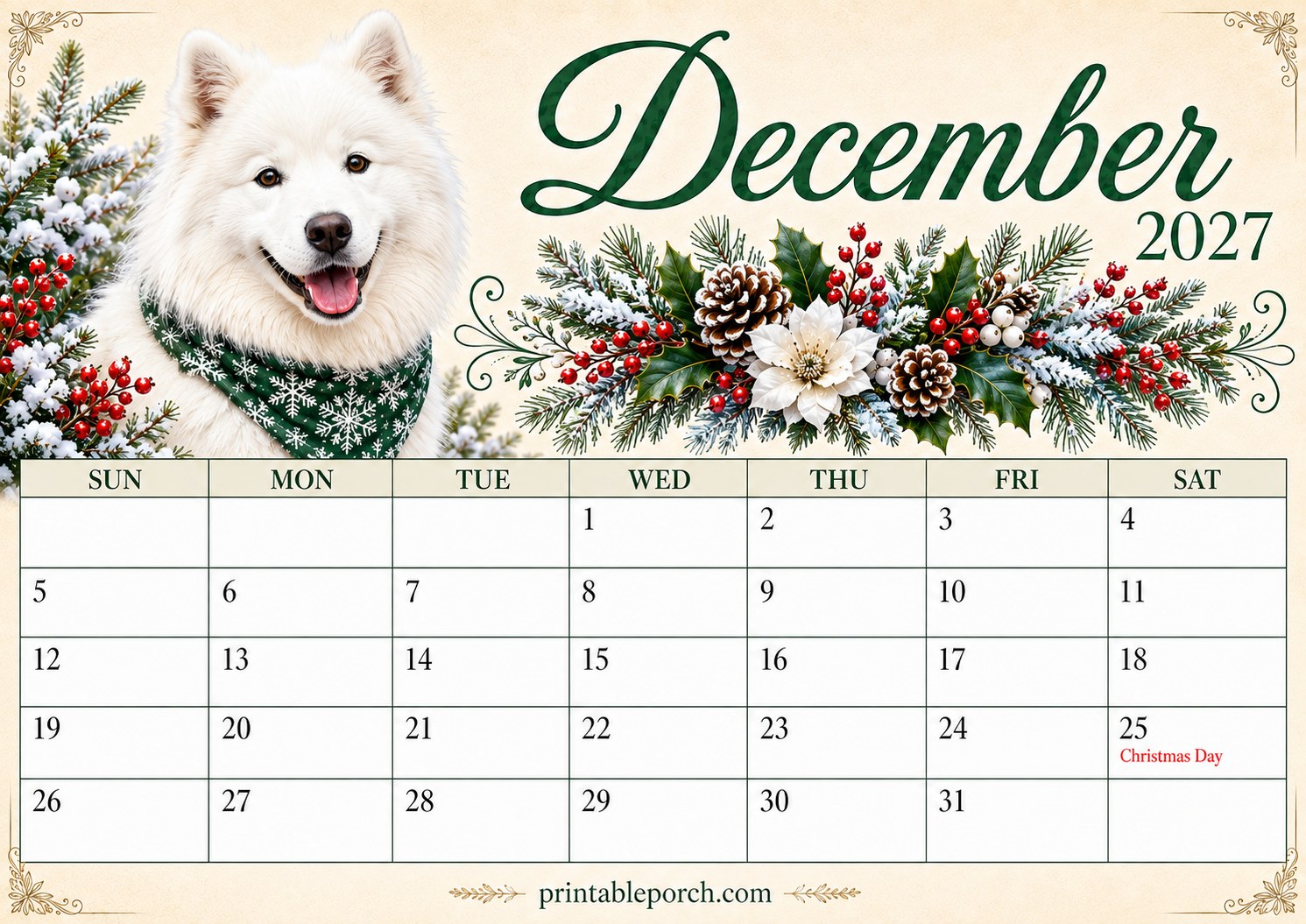 Watercolor Dogs December 2027 Calendar