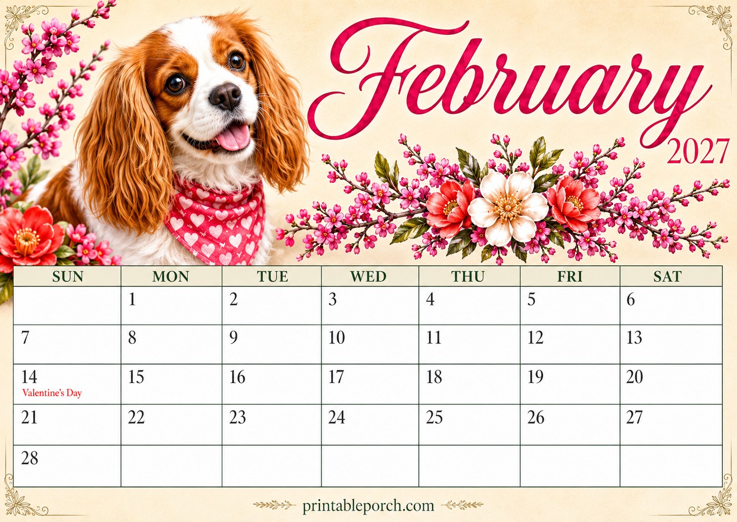 Watercolor Dogs February 2027 Calendar