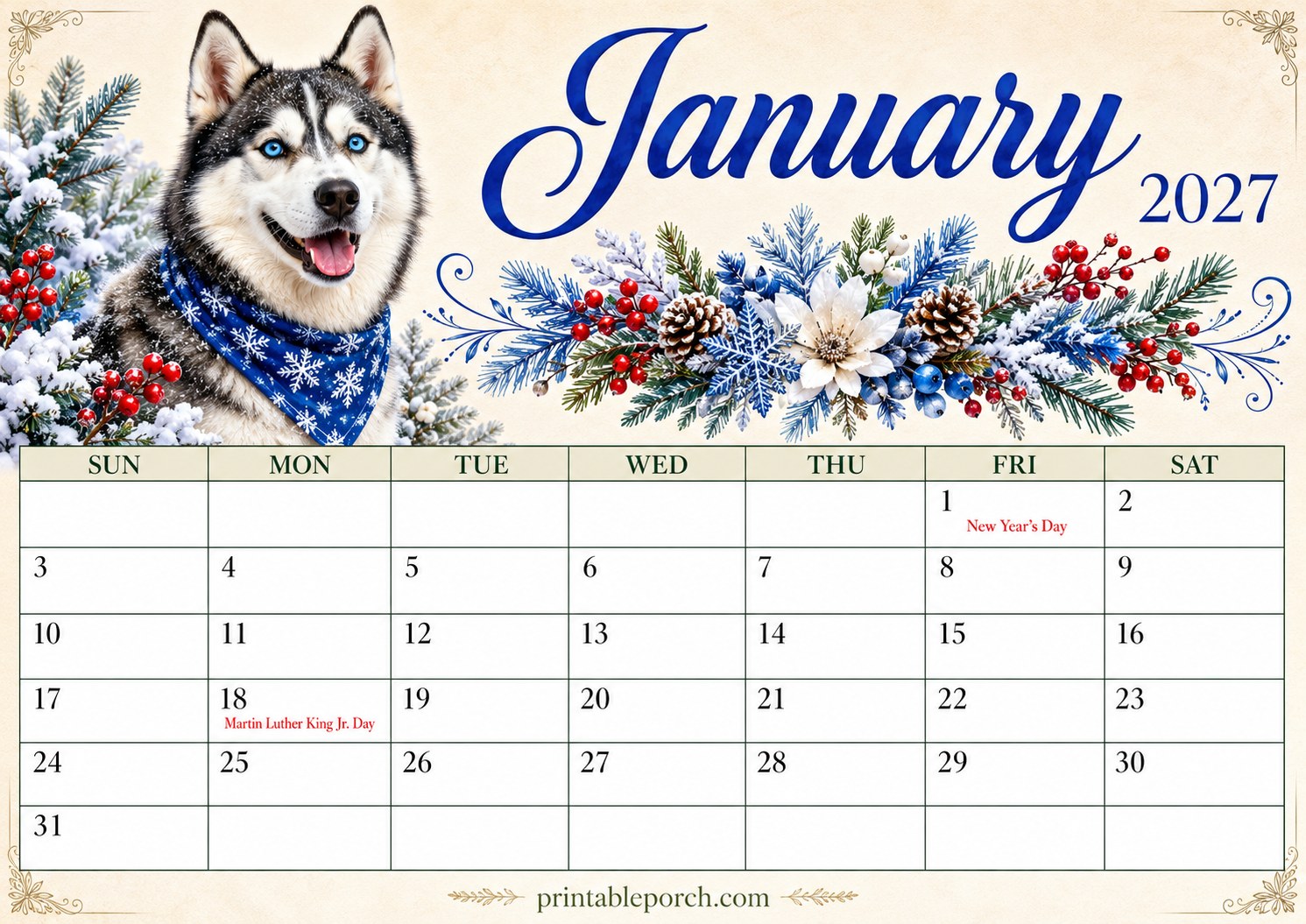 Watercolor Dogs January 2027 Calendar