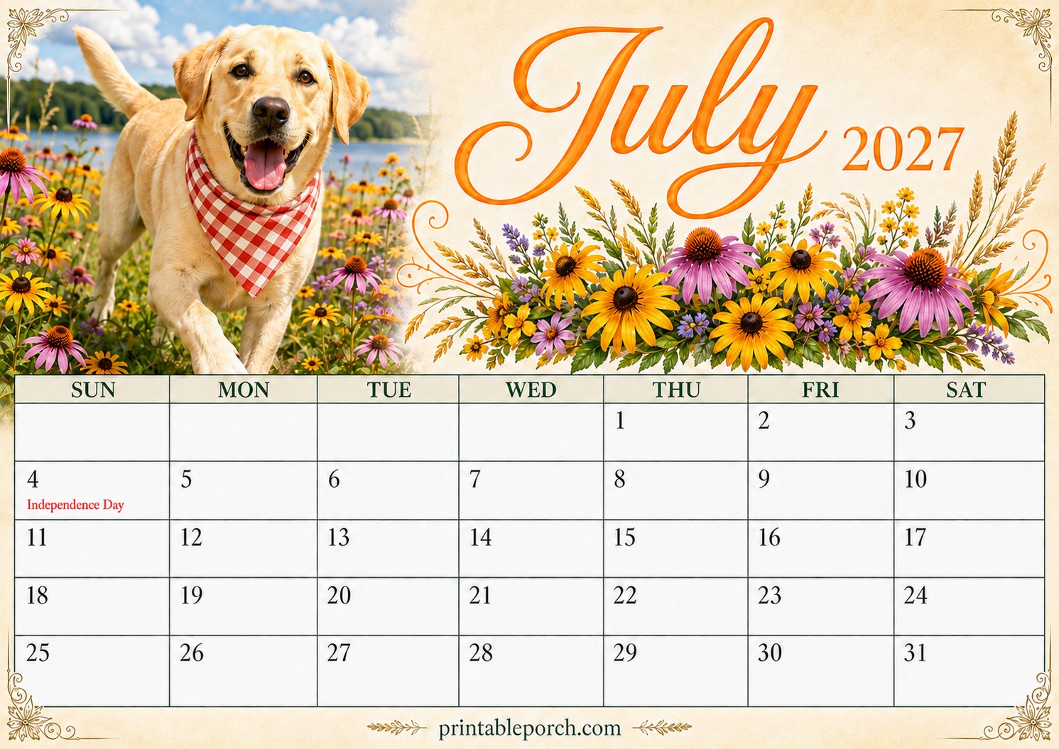 Watercolor Dogs July 2027 Calendar