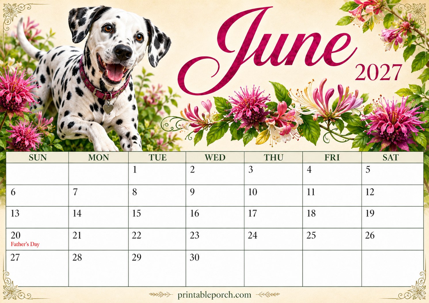 Watercolor Dogs June 2027 Calendar