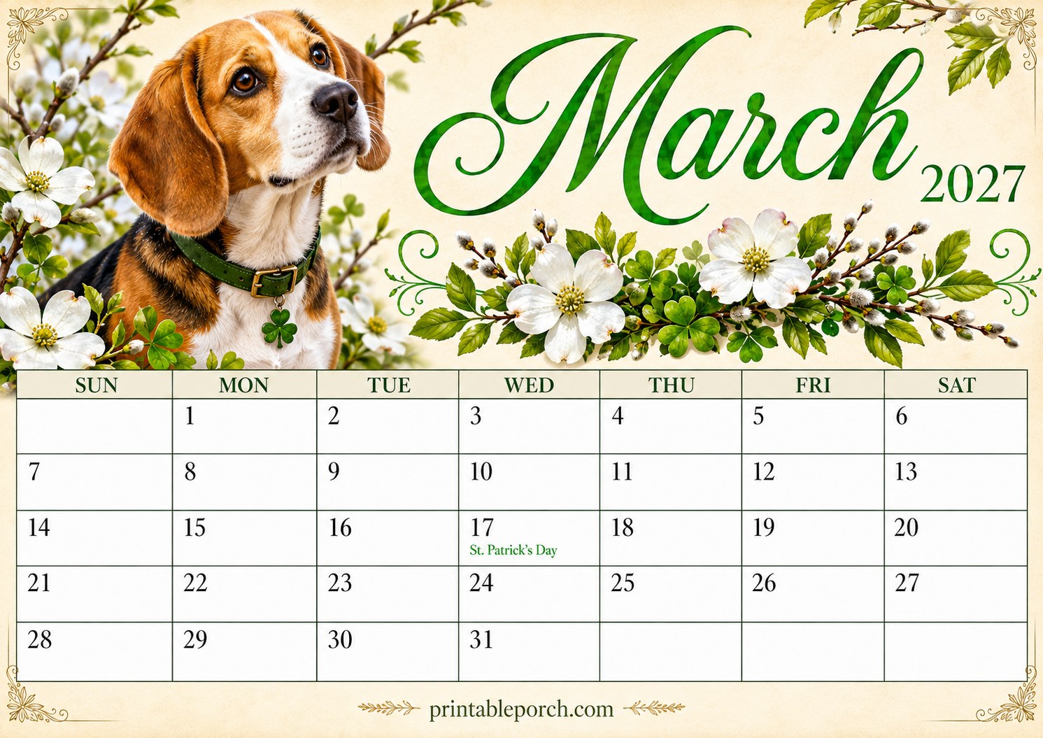 Watercolor Dogs March 2027 Calendar
