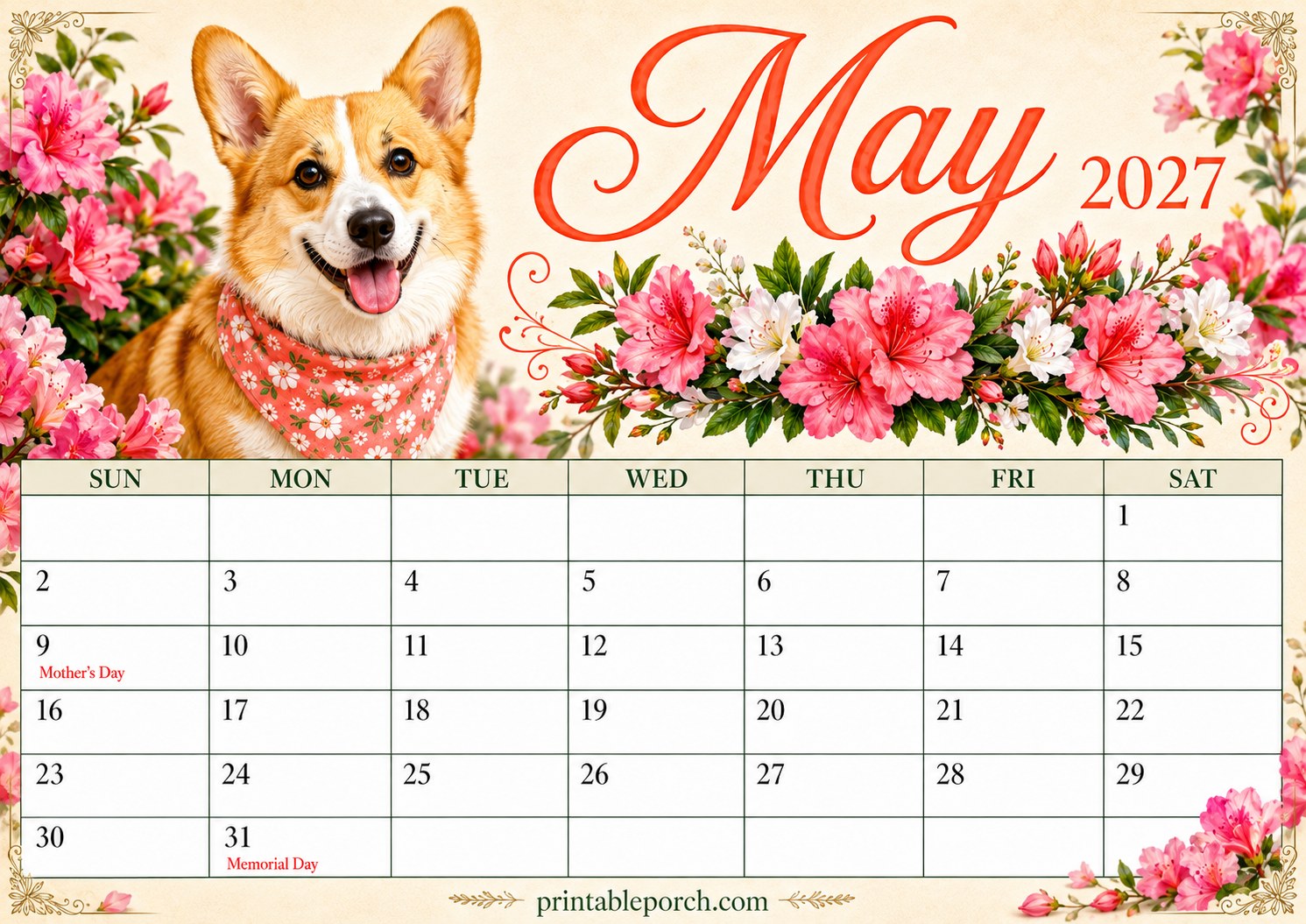 Watercolor Dogs May 2027 Calendar