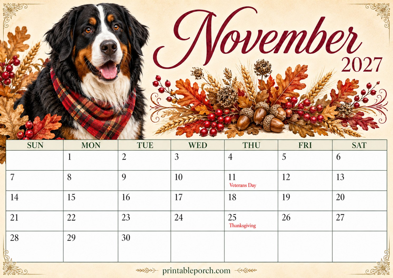 Watercolor Dogs November 2027 Calendar