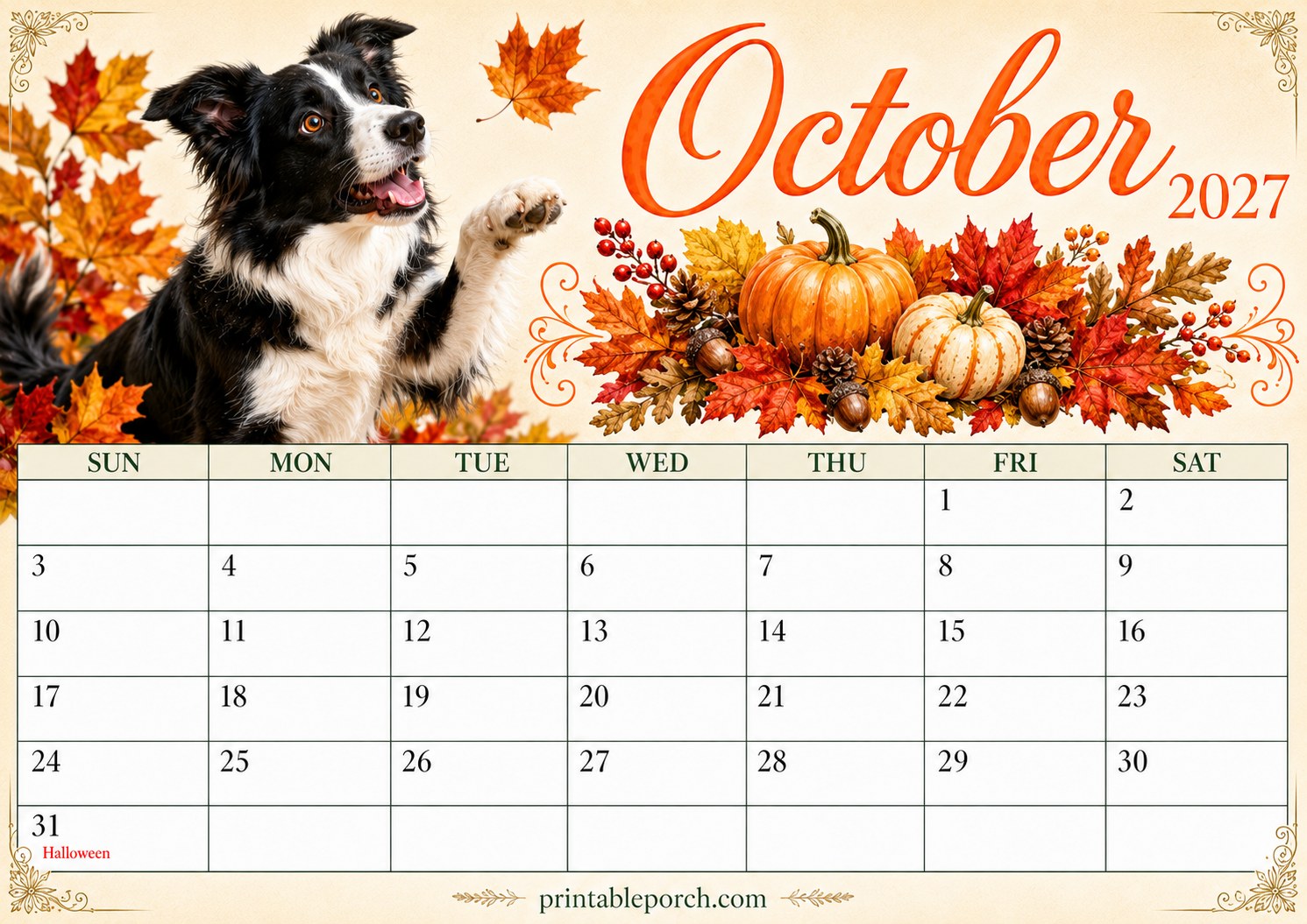 Watercolor Dogs October 2027 Calendar