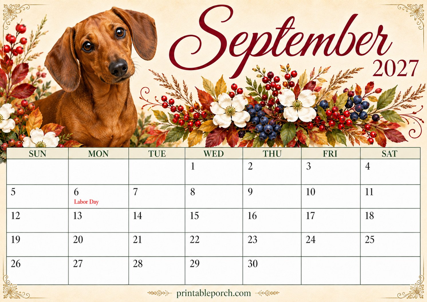Watercolor Dogs September 2027 Calendar