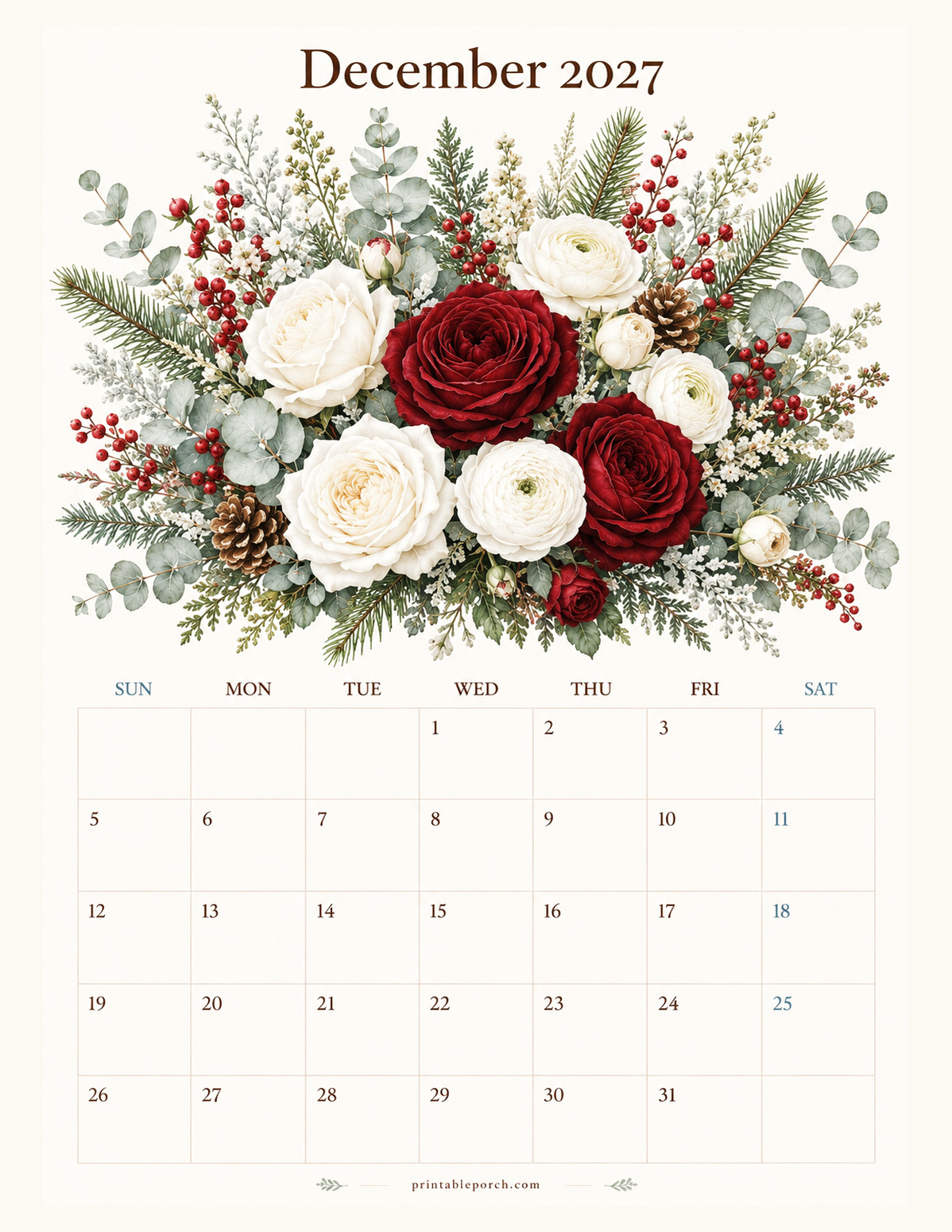 Watercolor Flowers December 2027 Calendar
