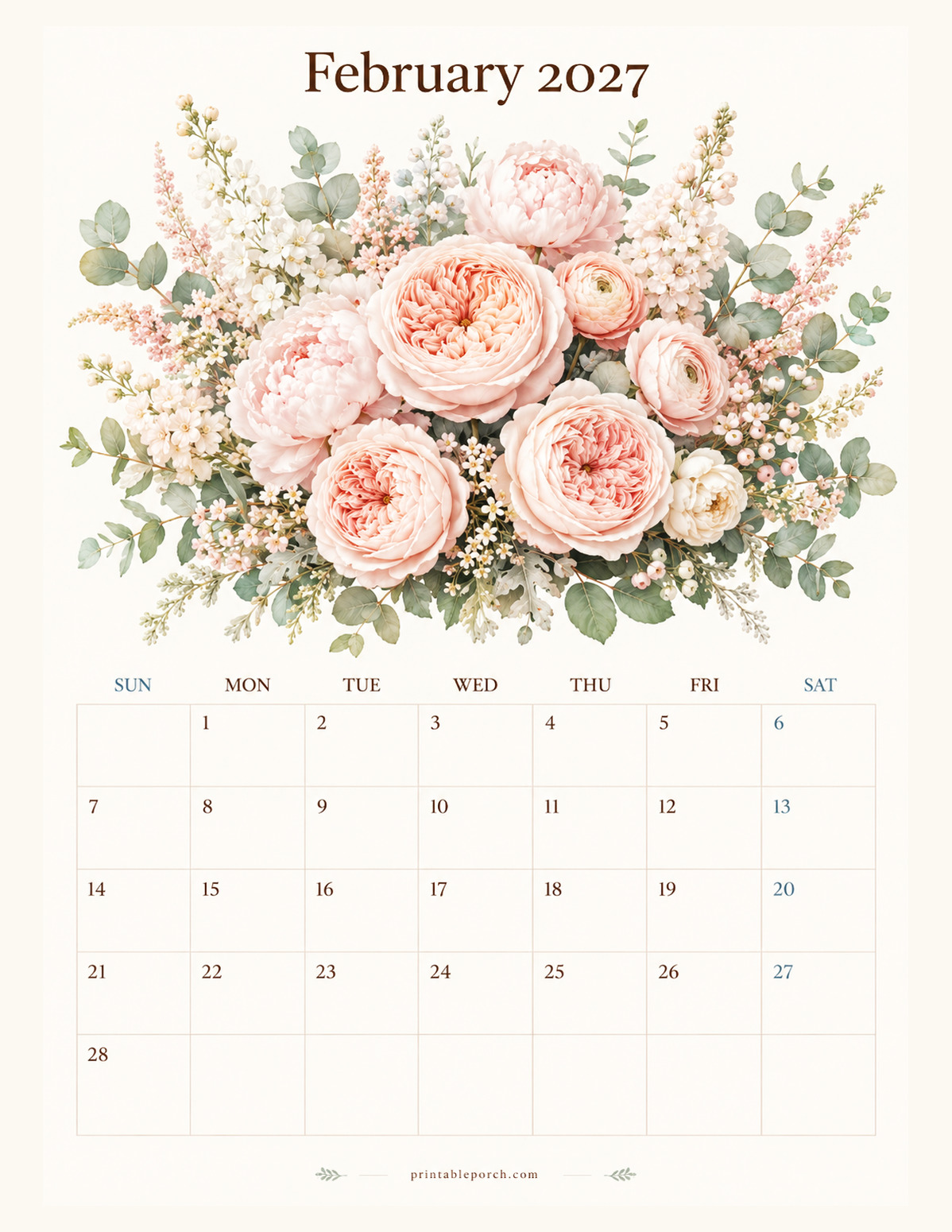 Watercolor Flowers February 2027 Calendar