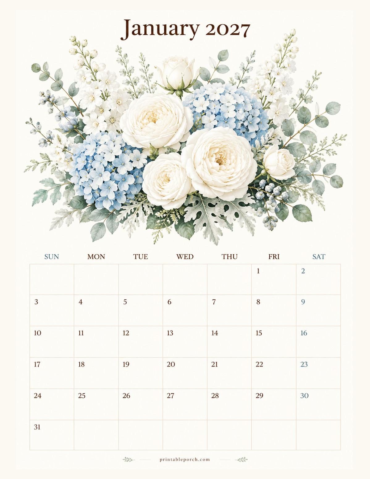 Watercolor Flowers January 2027 Calendar