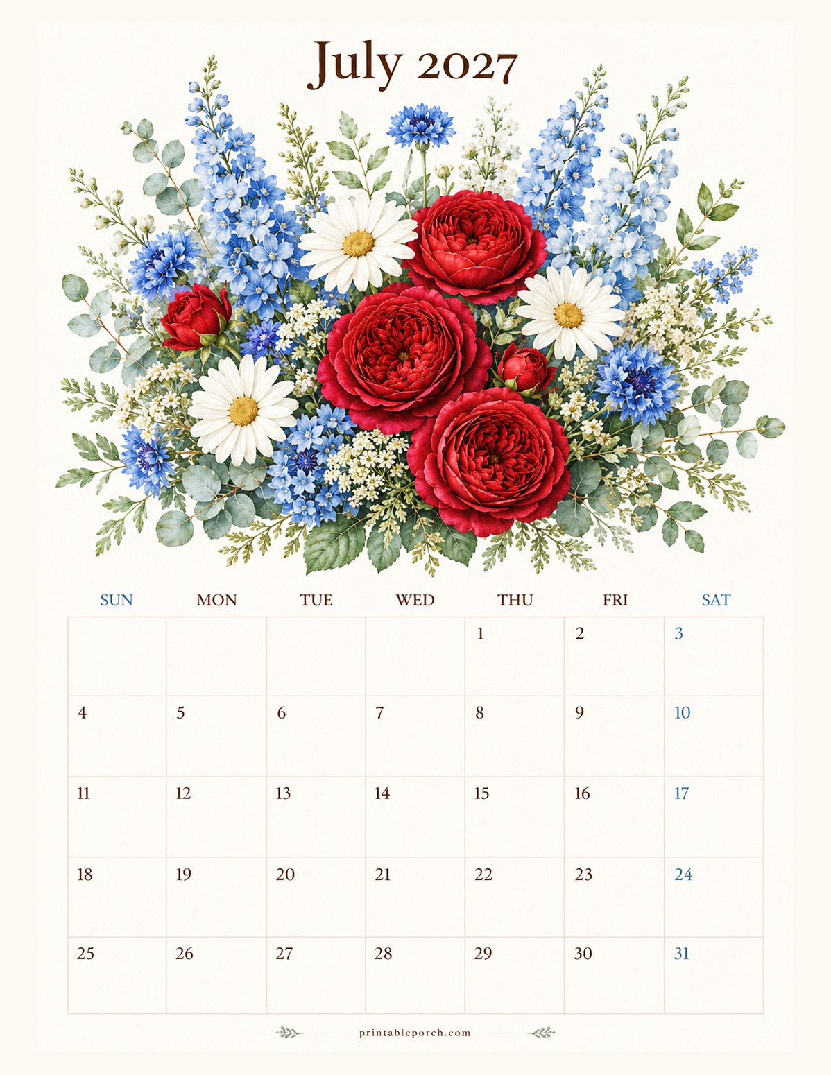 Watercolor Flowers July 2027 Calendar
