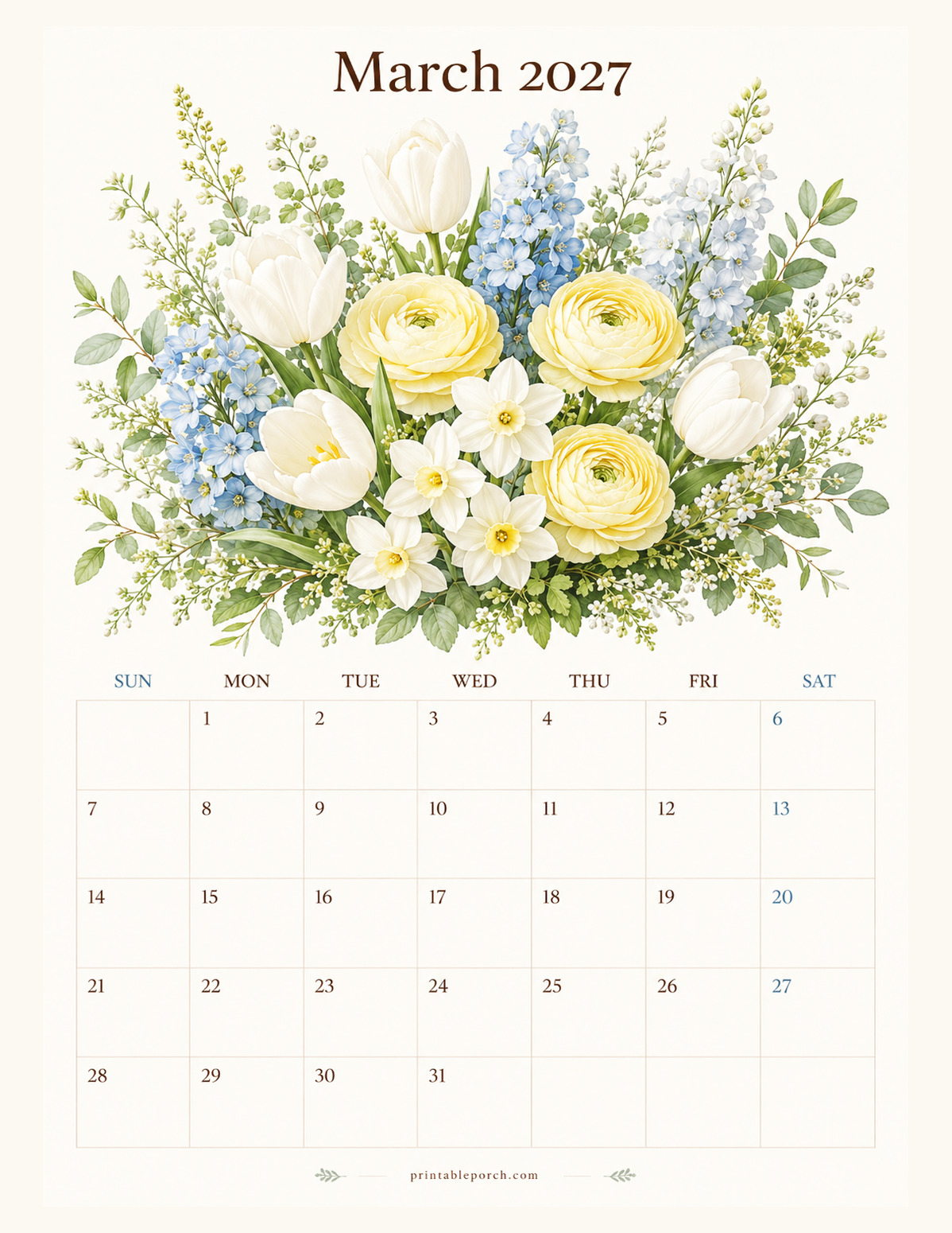 Watercolor Flowers March 2027 Calendar