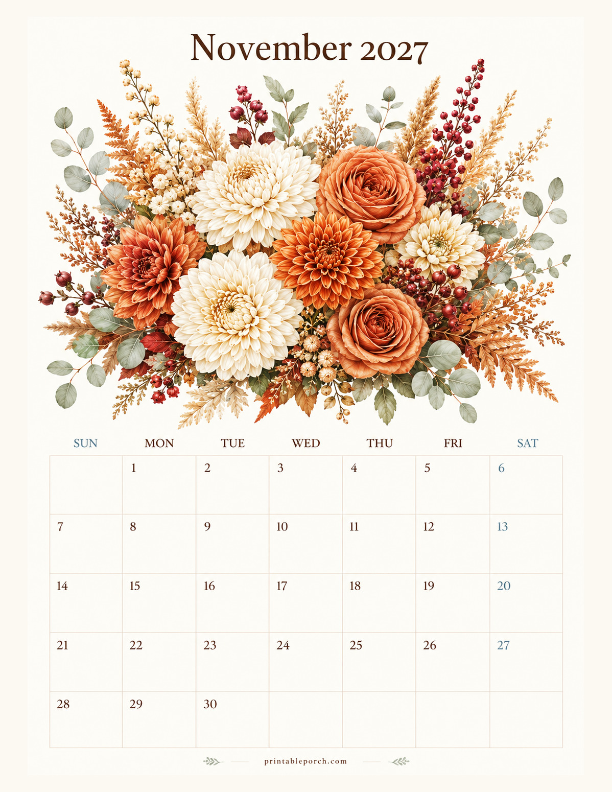 Watercolor Flowers November 2027 Calendar