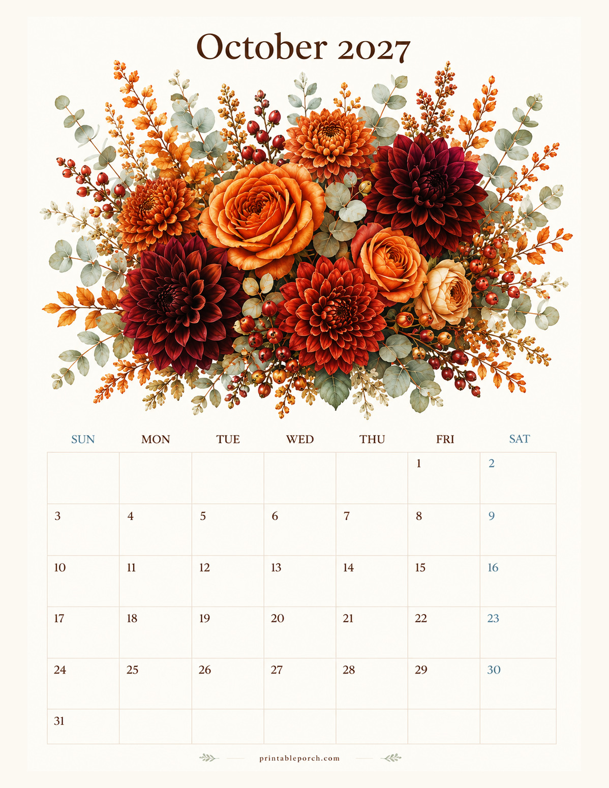 Watercolor Flowers October 2027 Calendar