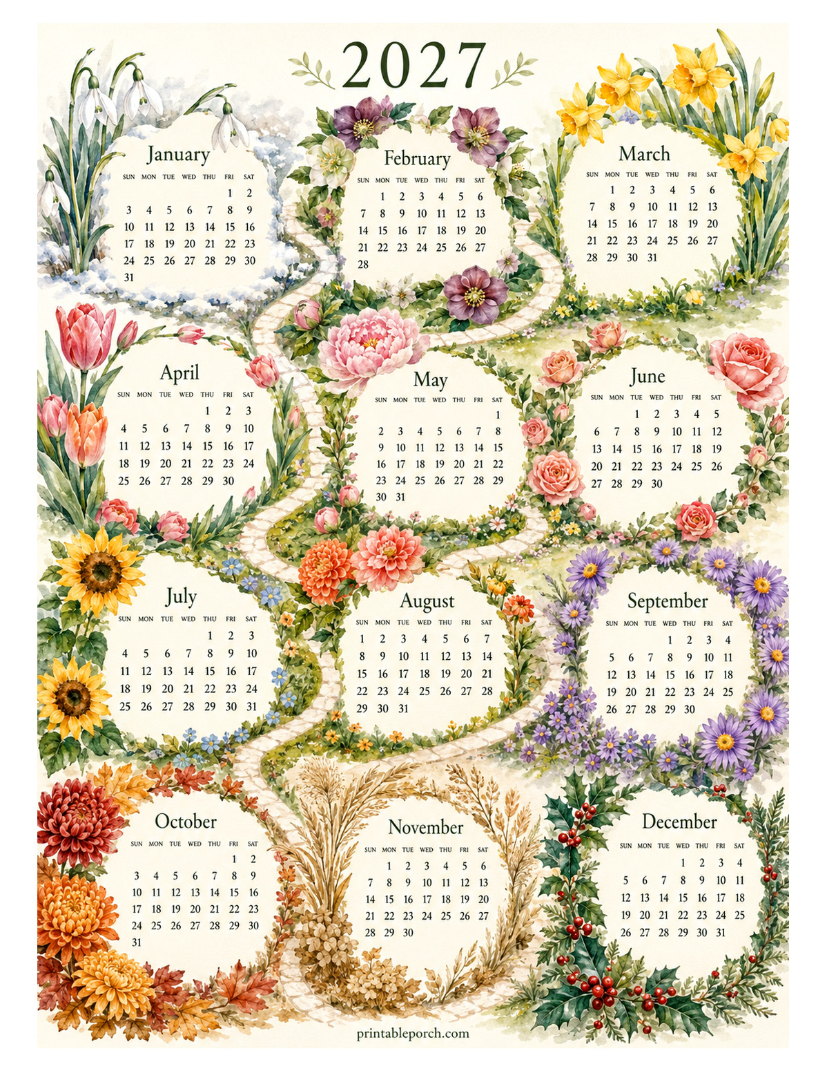 Watercolor Garden Path 2027 Yearly Calendar
