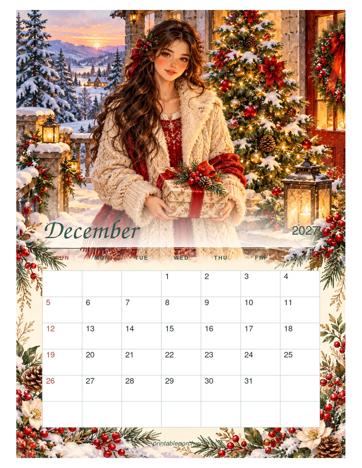 Watercolor Girl Seasons December 2027 Calendar
