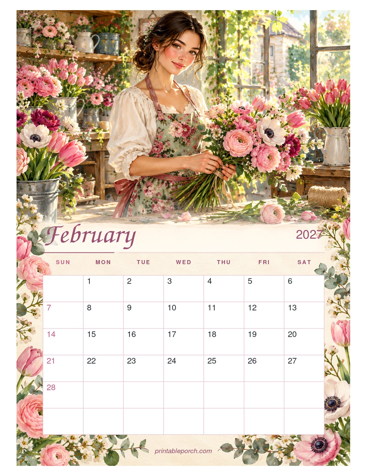 Watercolor Girl Seasons February 2027 Calendar