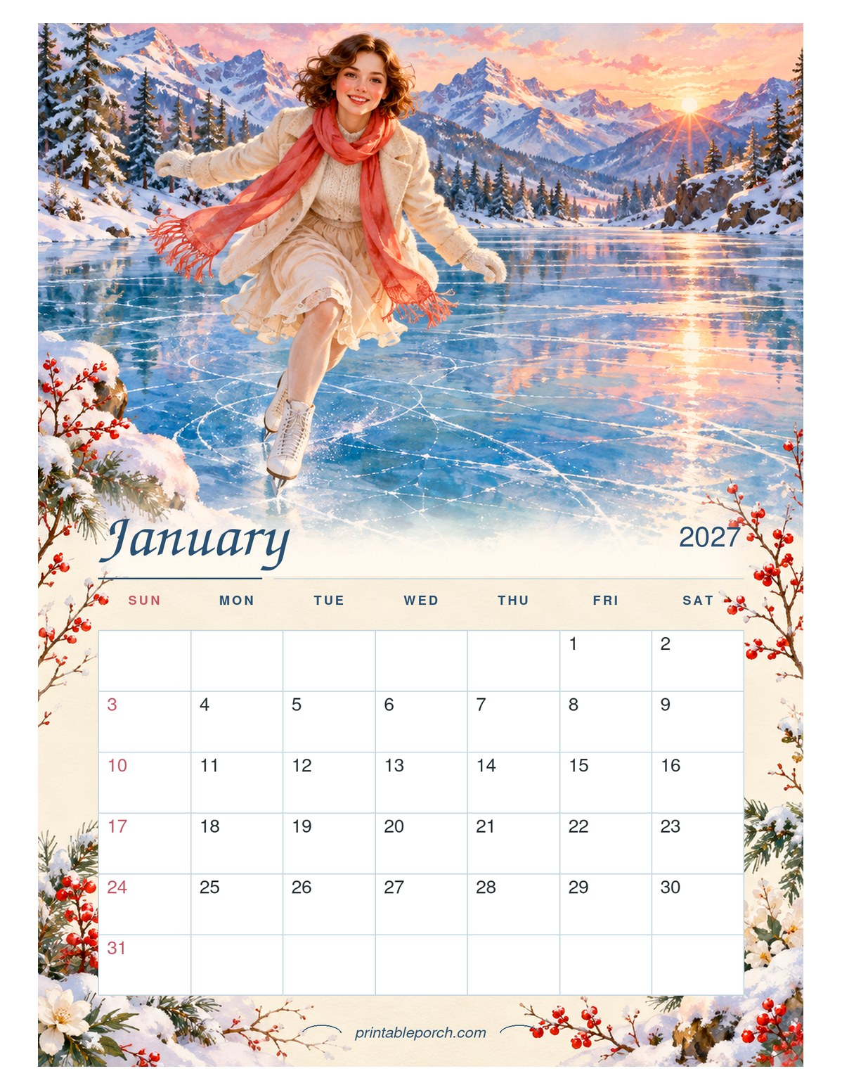 Watercolor Girl Seasons January 2027 Calendar