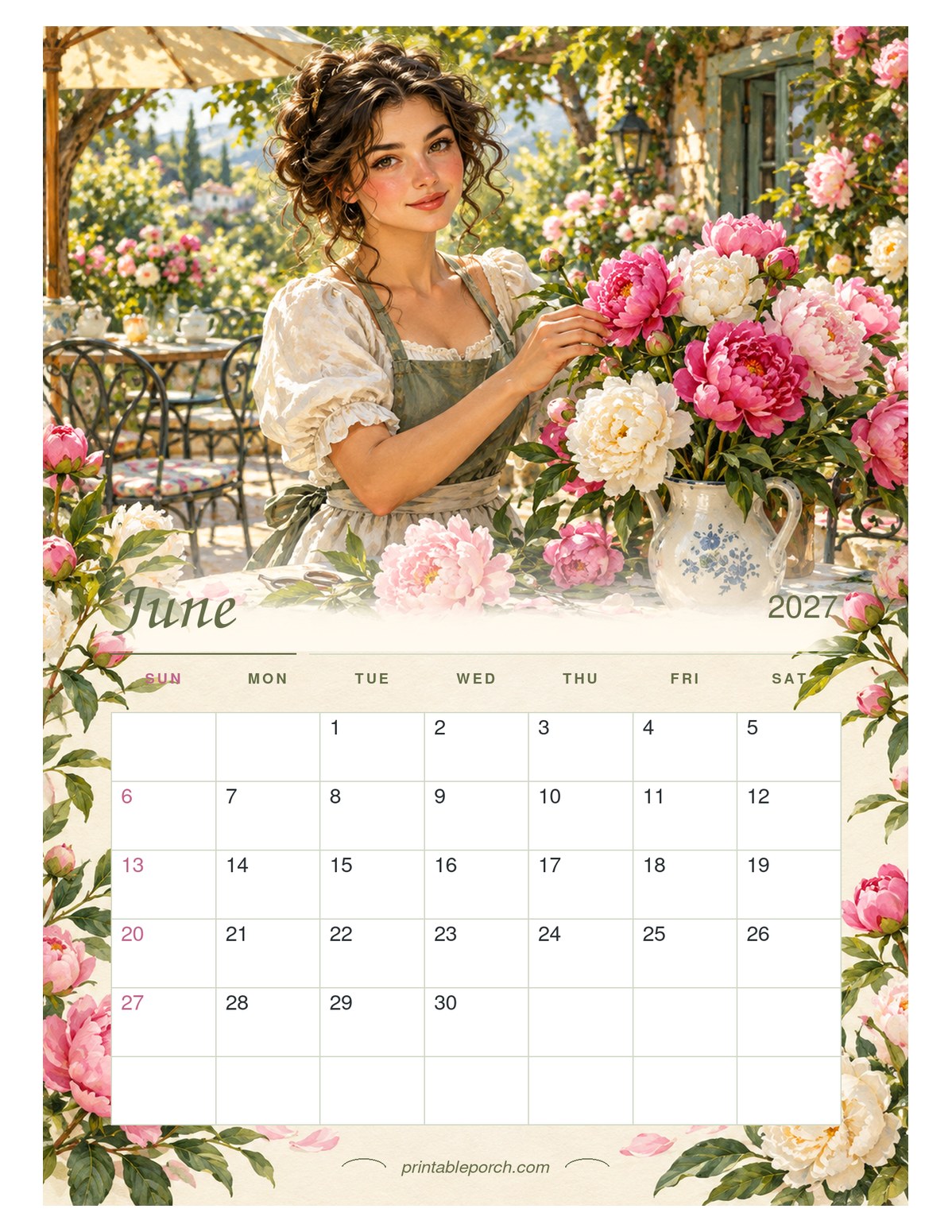 Watercolor Girl Seasons June 2027 Calendar
