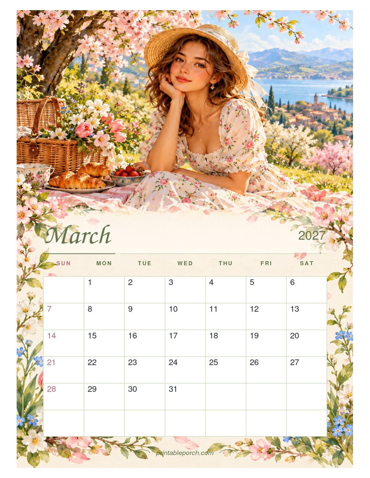 Watercolor Girl Seasons March 2027 Calendar