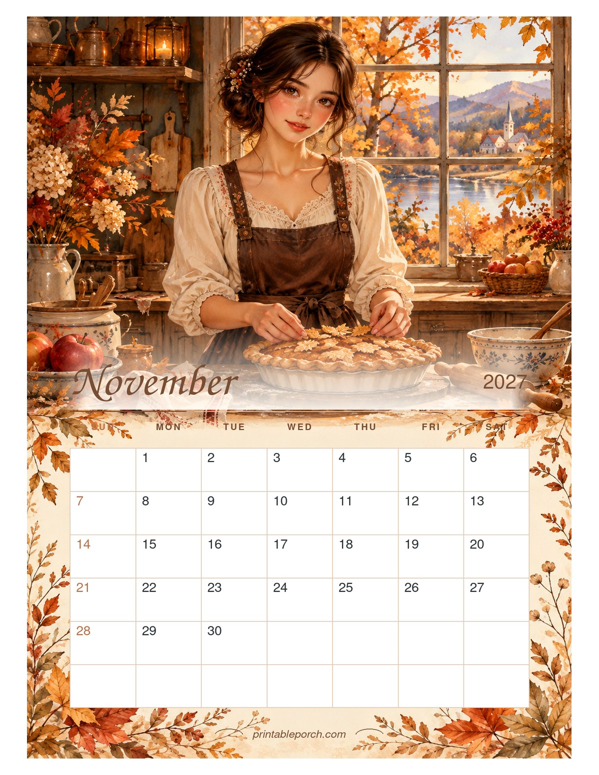 Watercolor Girl Seasons November 2027 Calendar