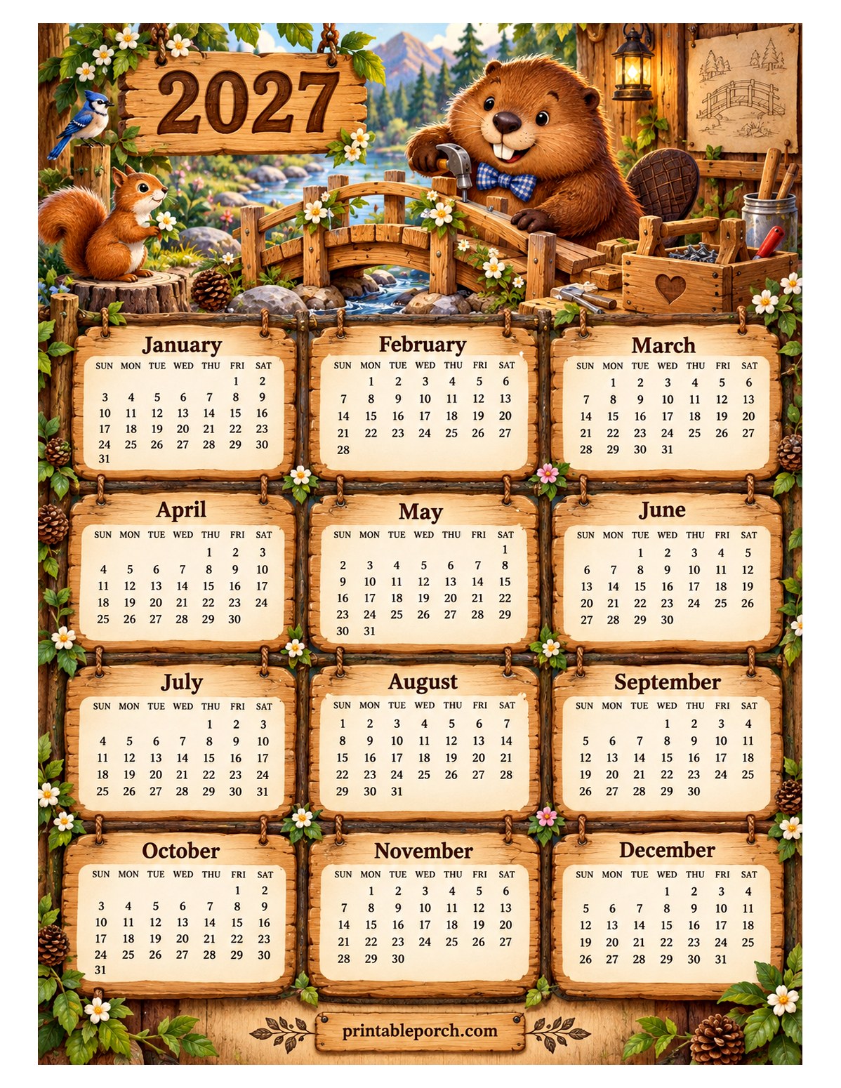 Woodland Animal 2027 Yearly Calendar - Beaver Bridge