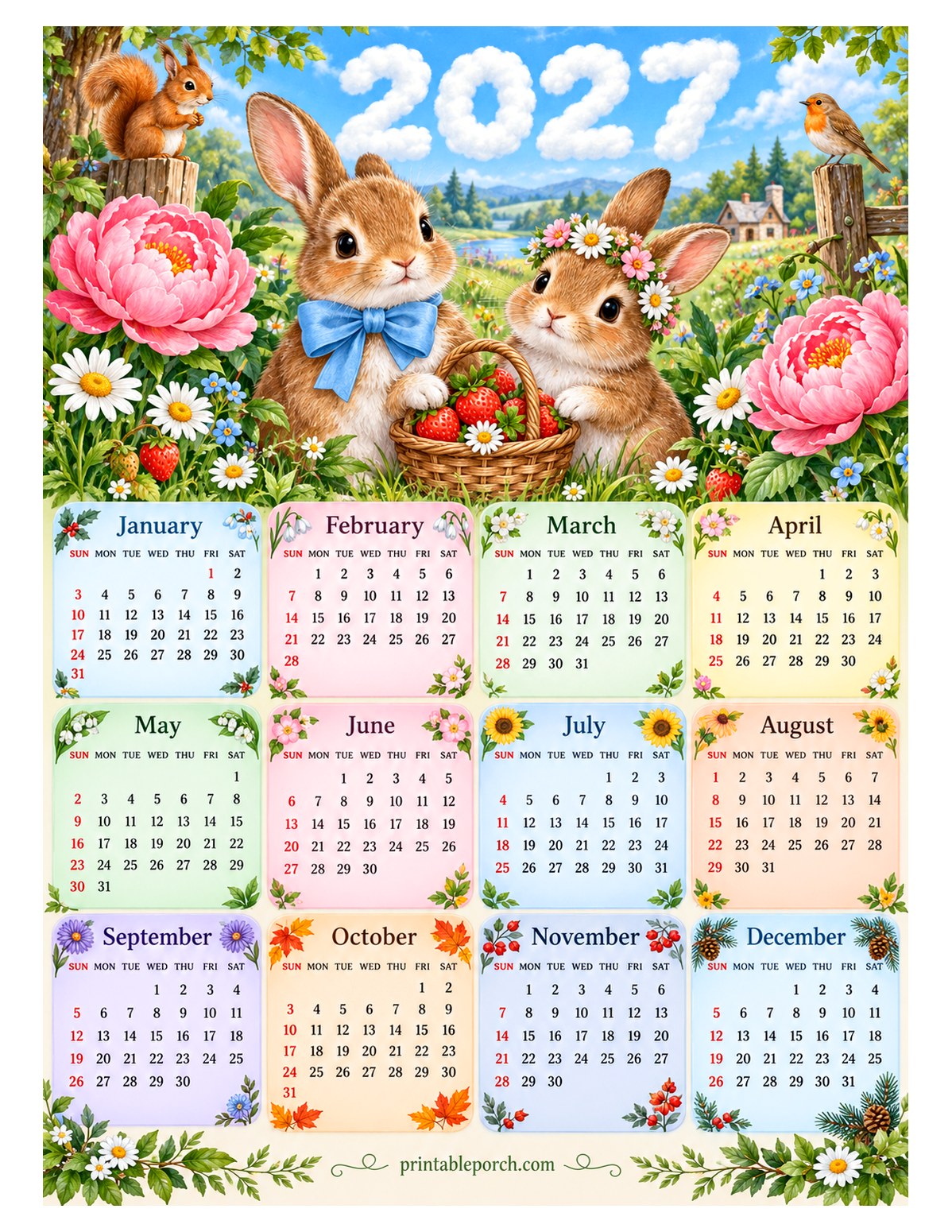 Woodland Animal 2027 Yearly Calendar - Bunny Meadow