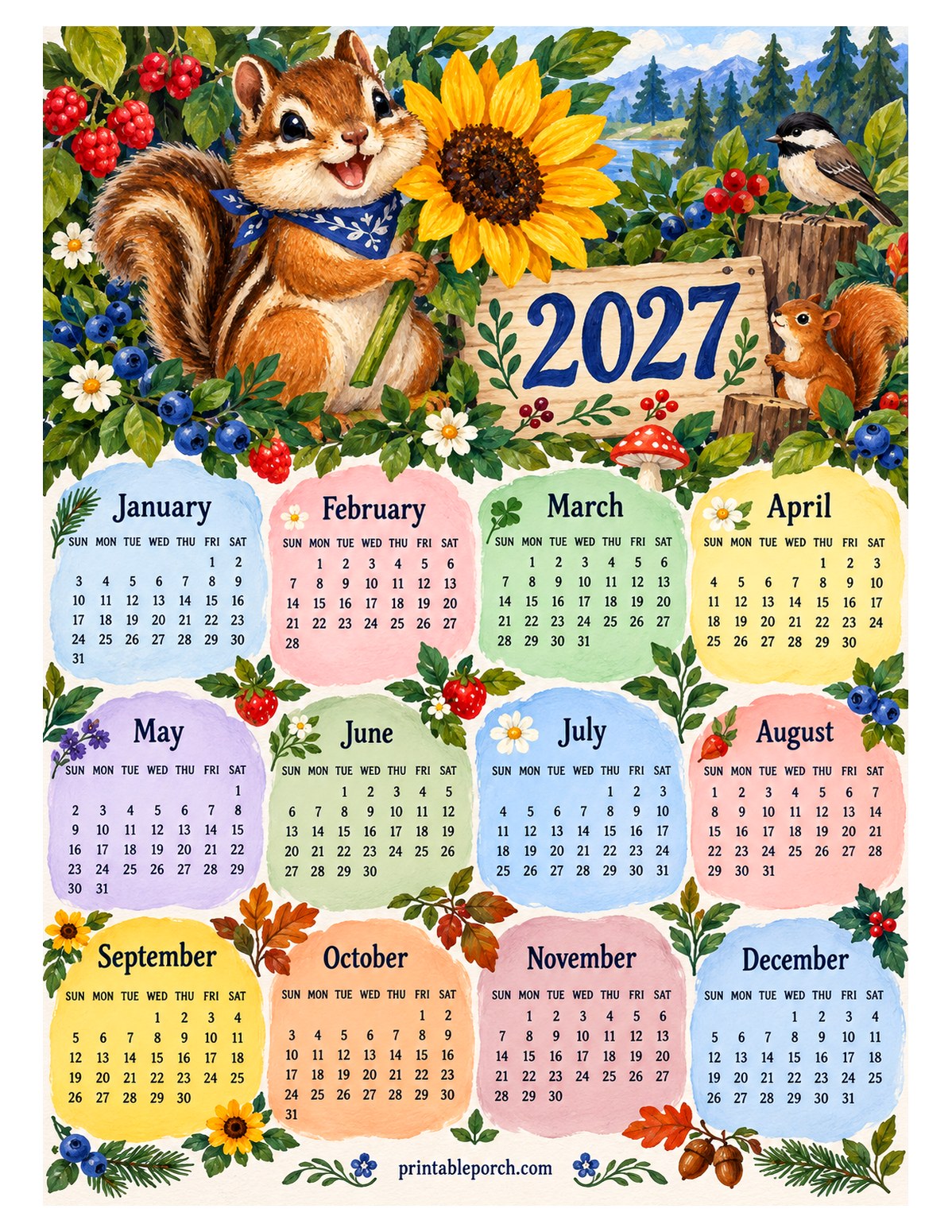 Woodland Animal 2027 Yearly Calendar - Chipmunk Sunflower