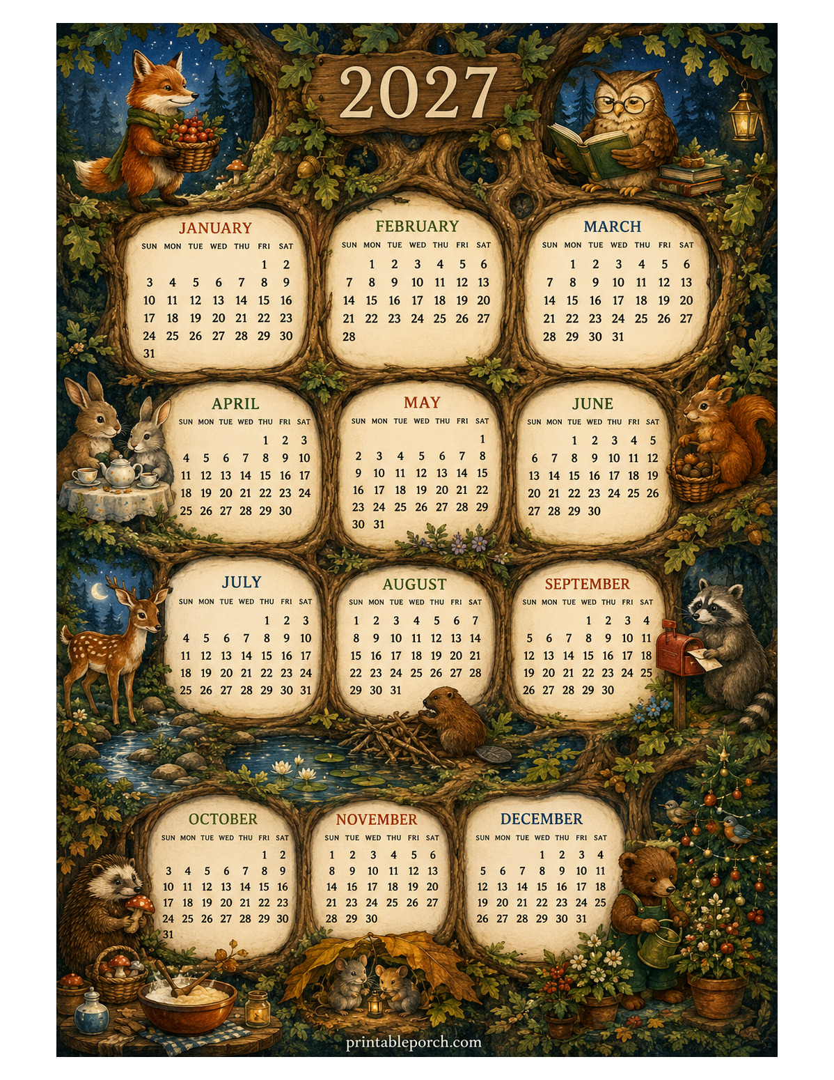 Woodland Friends 2027 Yearly Calendar