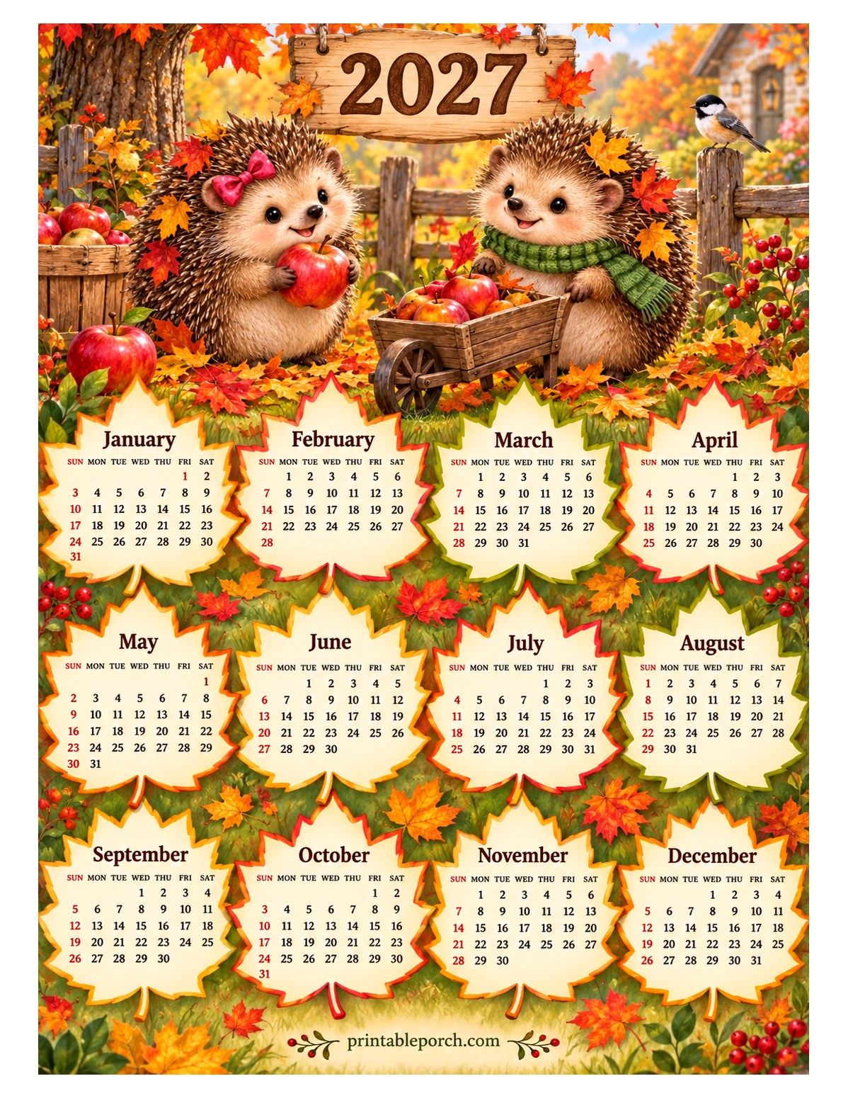 Woodland Animal 2027 Yearly Calendar - Hedgehog Harvest