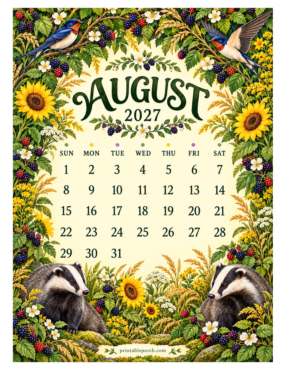 Woodland Hedgerow August 2027 Calendar