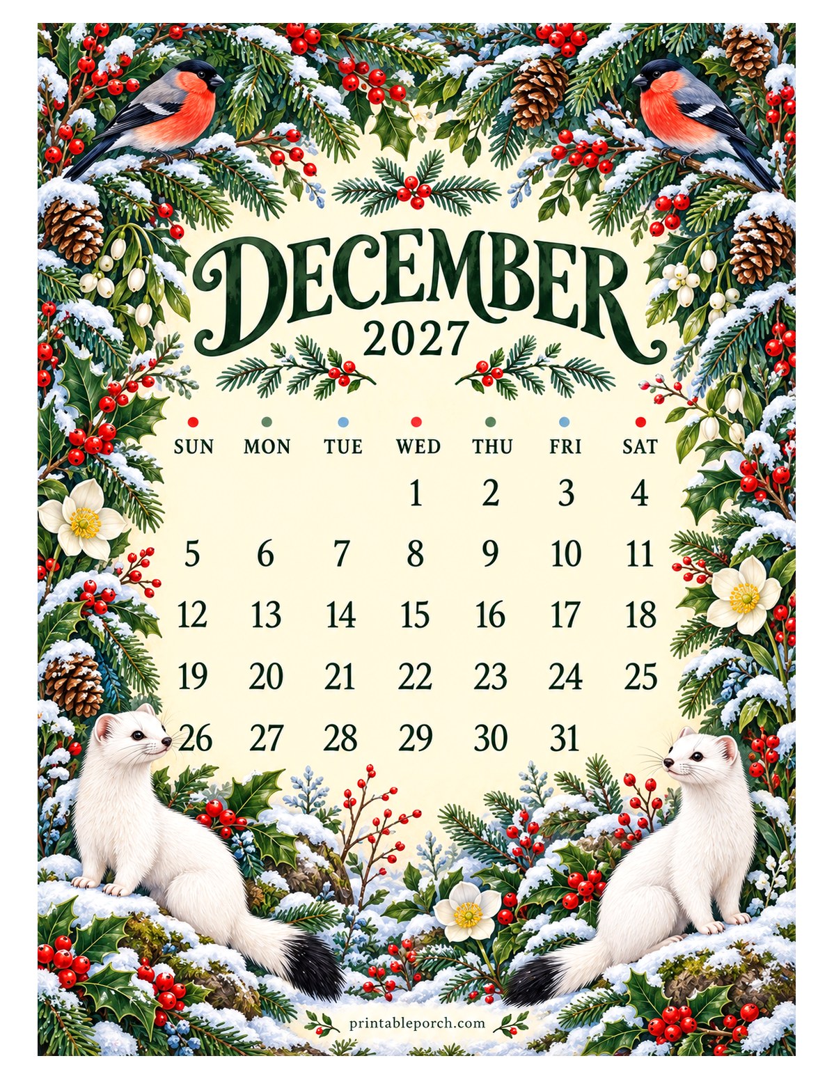 Woodland Hedgerow December 2027 Calendar