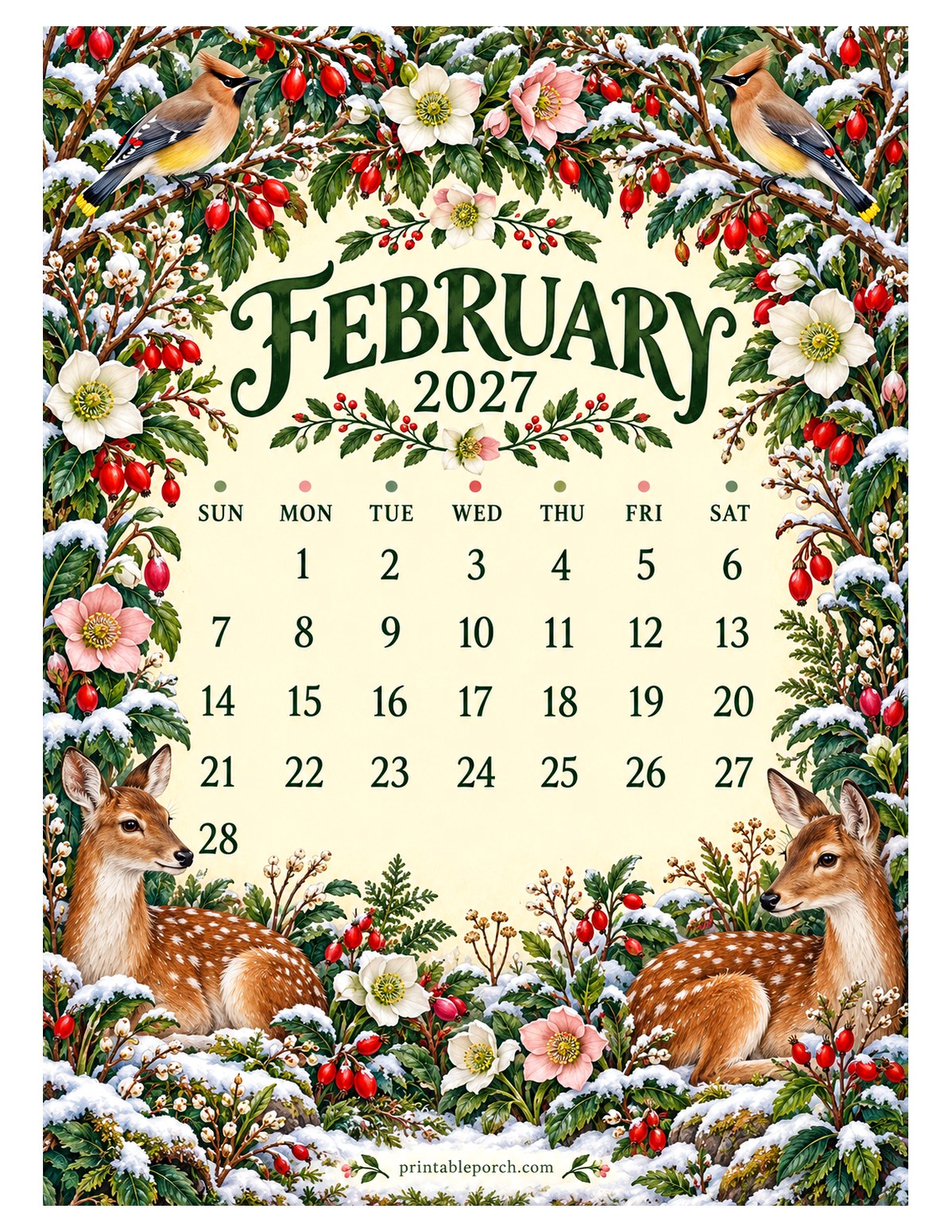 Woodland Hedgerow February 2027 Calendar
