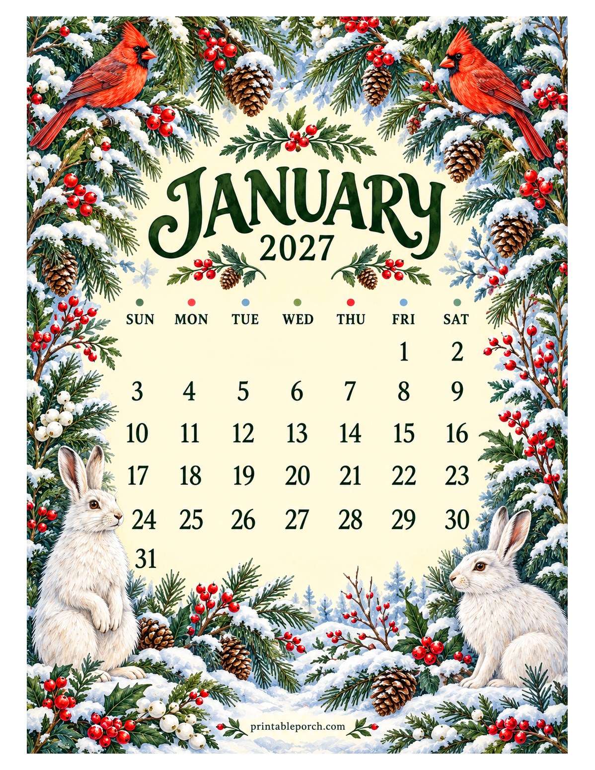 Woodland Hedgerow January 2027 Calendar