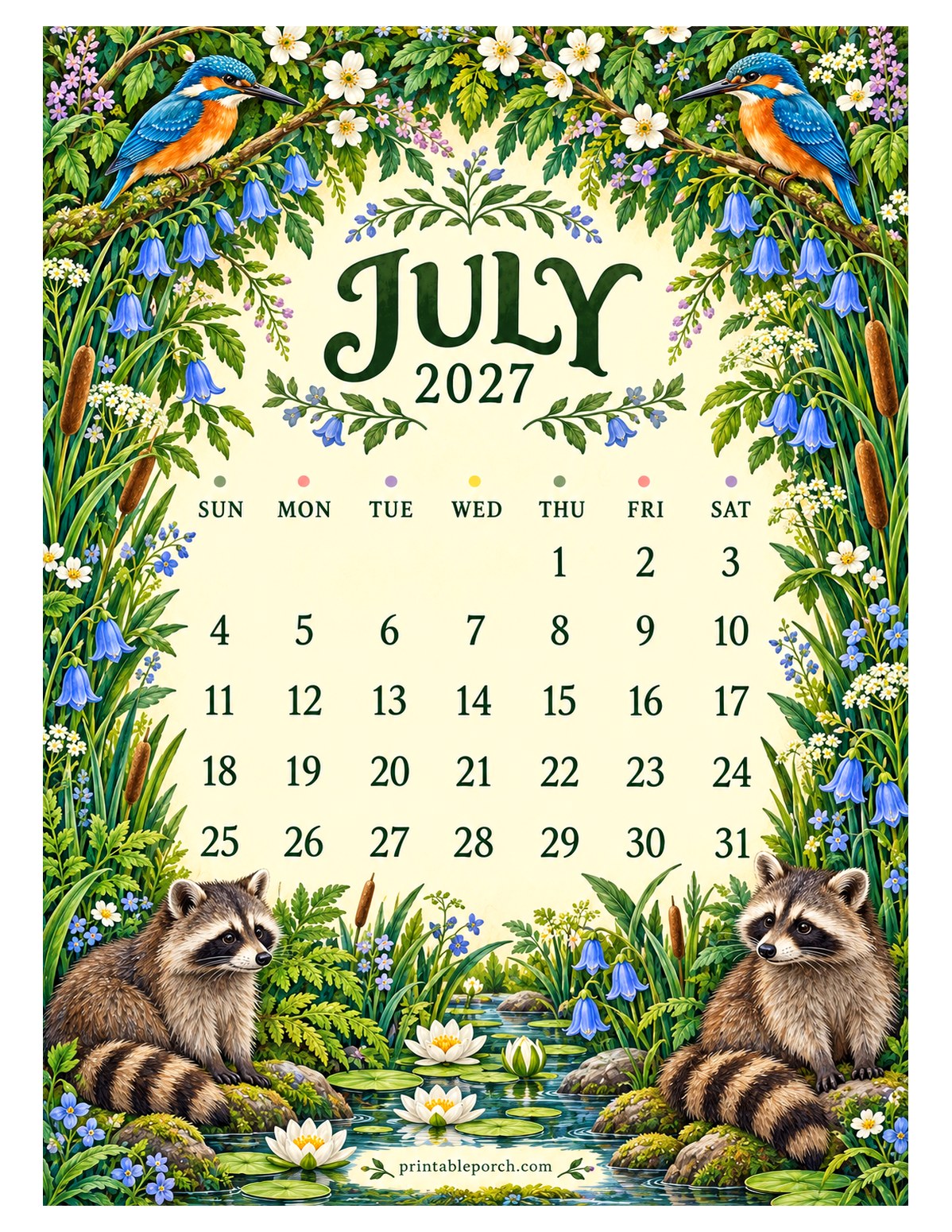 Woodland Hedgerow July 2027 Calendar