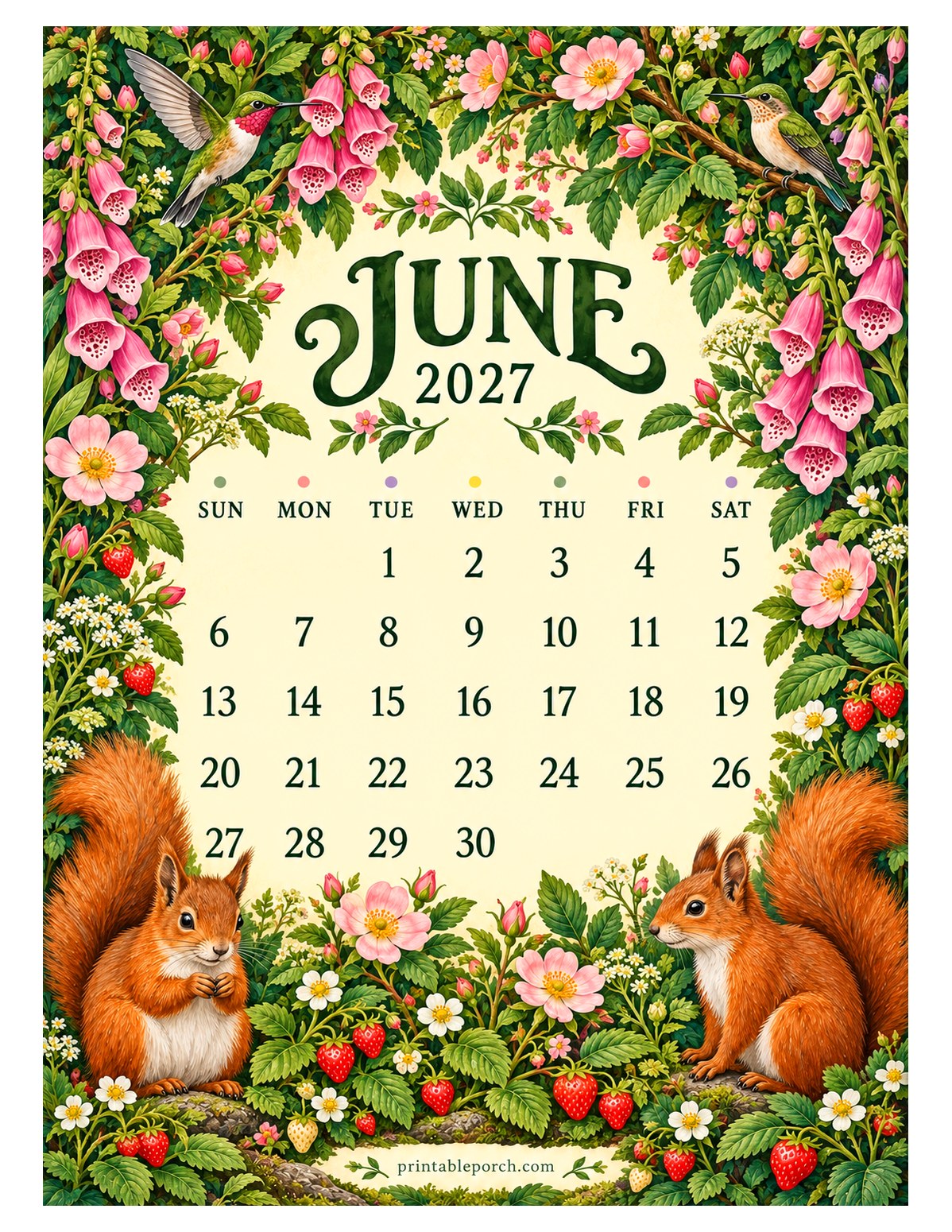 Woodland Hedgerow June 2027 Calendar