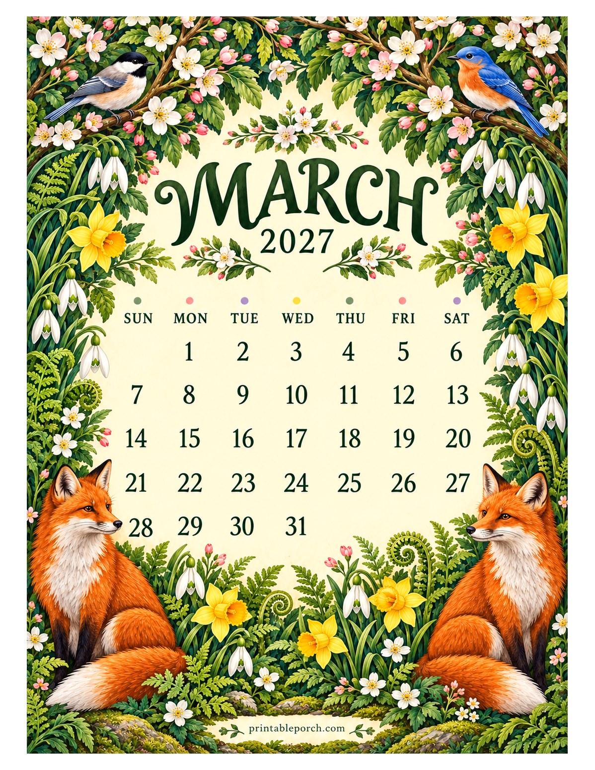 Woodland Hedgerow March 2027 Calendar