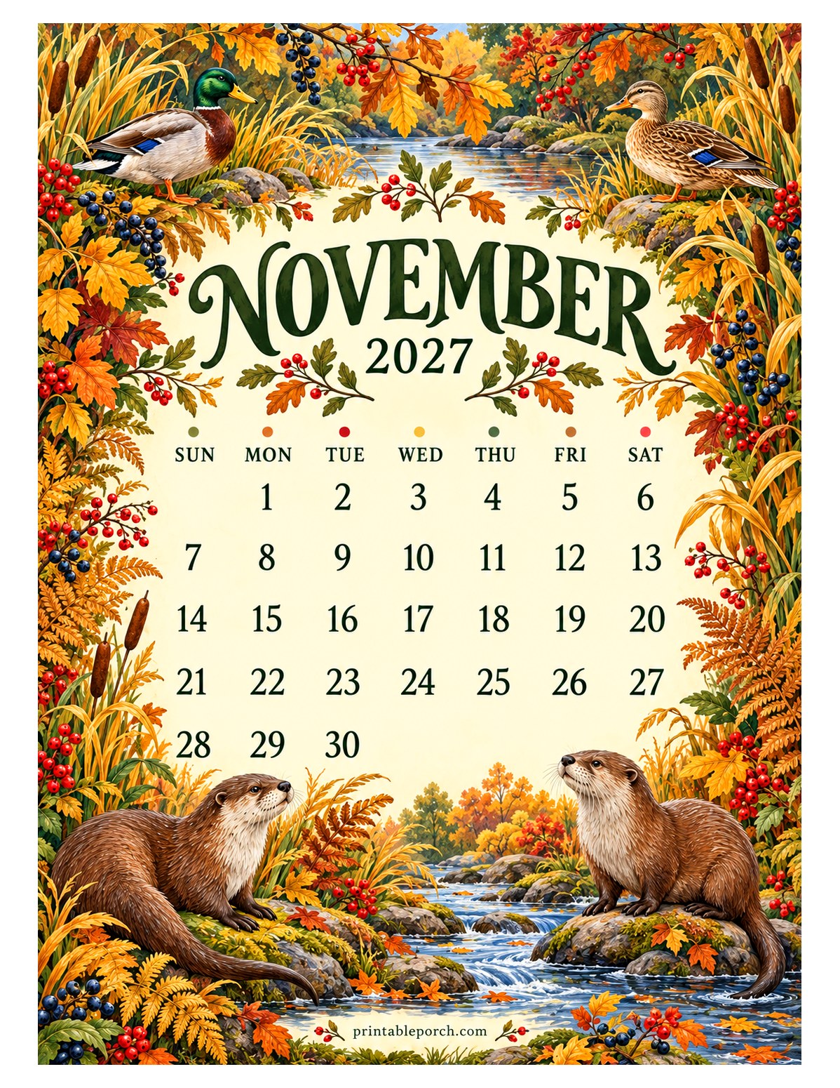 Woodland Hedgerow November 2027 Calendar