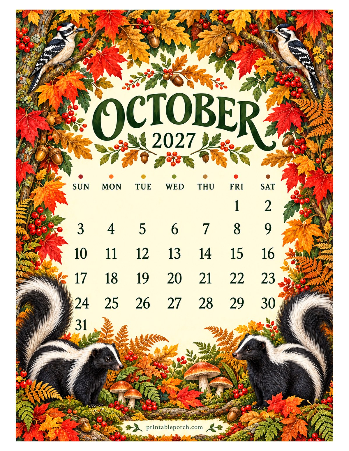 Woodland Hedgerow October 2027 Calendar