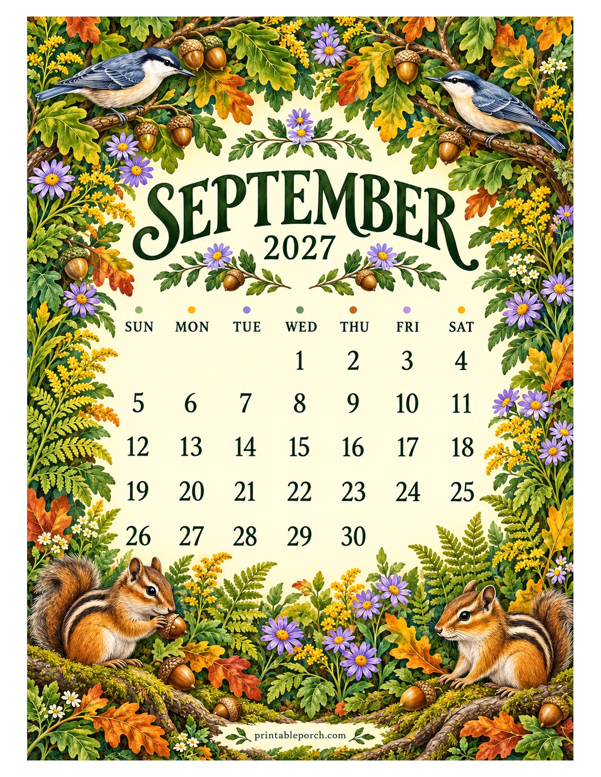 Woodland Hedgerow September 2027 Calendar
