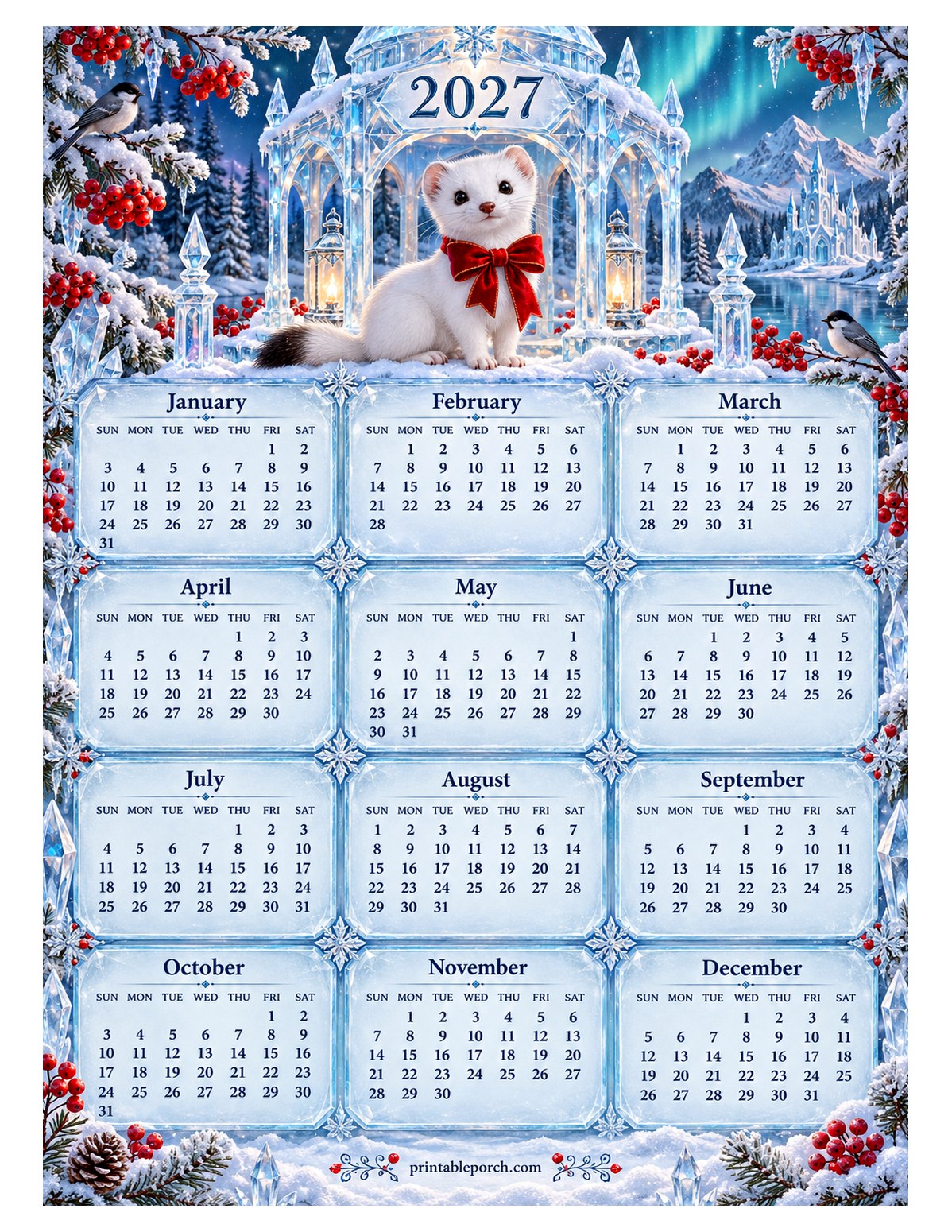 Woodland Animal 2027 Yearly Calendar - Ice Palace Ermine