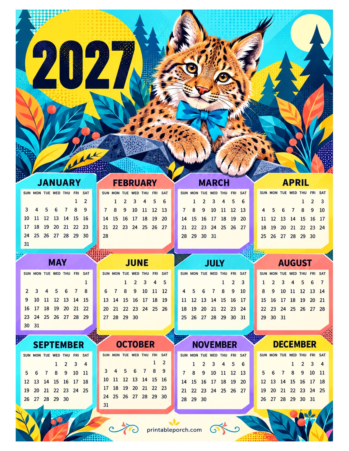 Woodland Animal 2027 Yearly Calendar - Lynx Poster