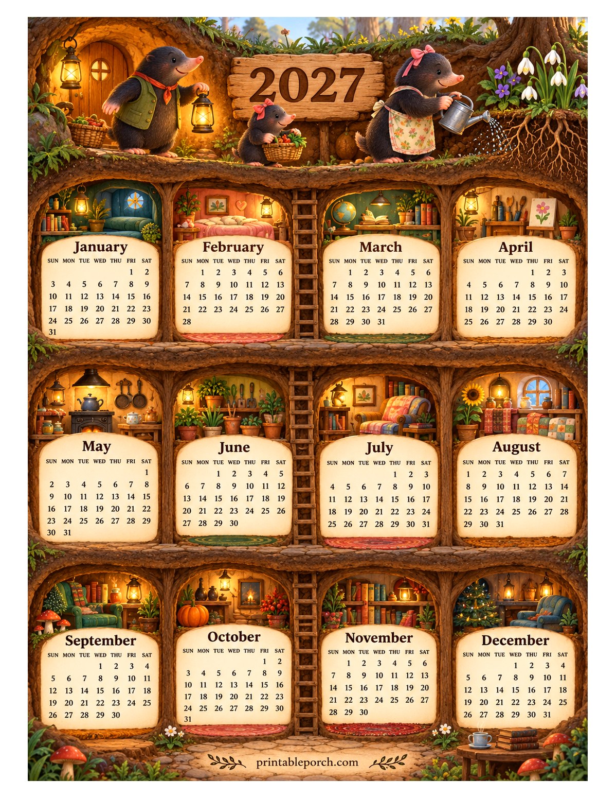 Woodland Animal 2027 Yearly Calendar - Mole Burrow
