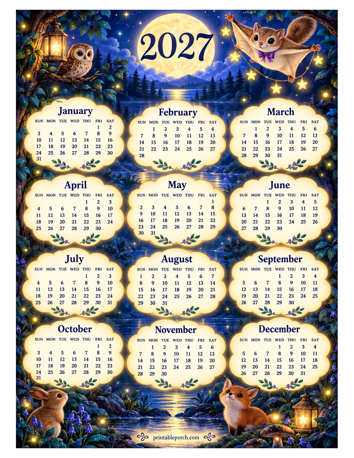 Woodland Animal 2027 Yearly Calendar - Moonlit Forest