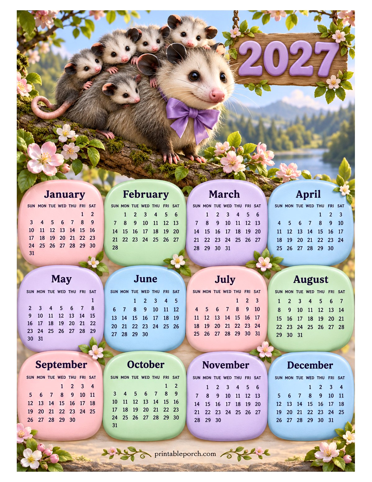 Woodland Animal 2027 Yearly Calendar - Opossum Family