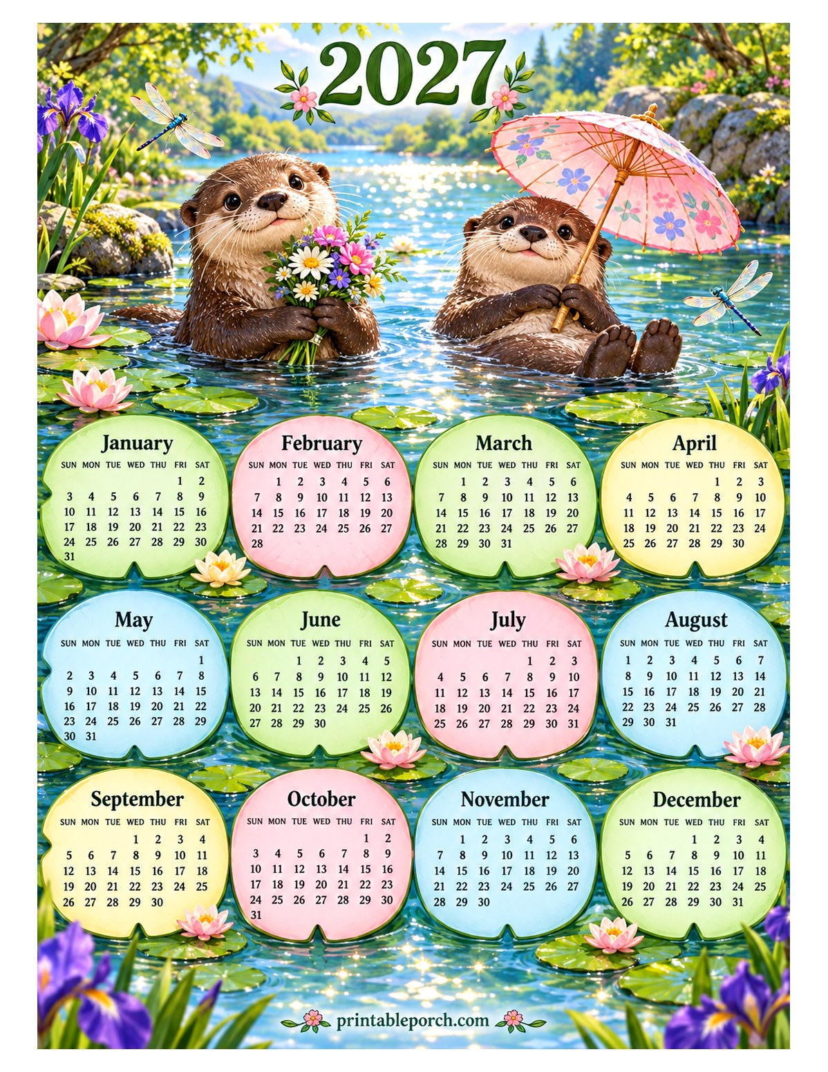 Woodland Animal 2027 Yearly Calendar - Otter Pond