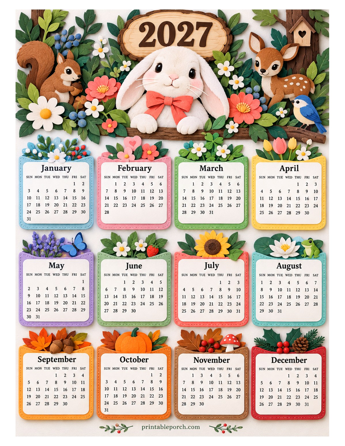 Woodland Animal 2027 Yearly Calendar - Paper Bunny