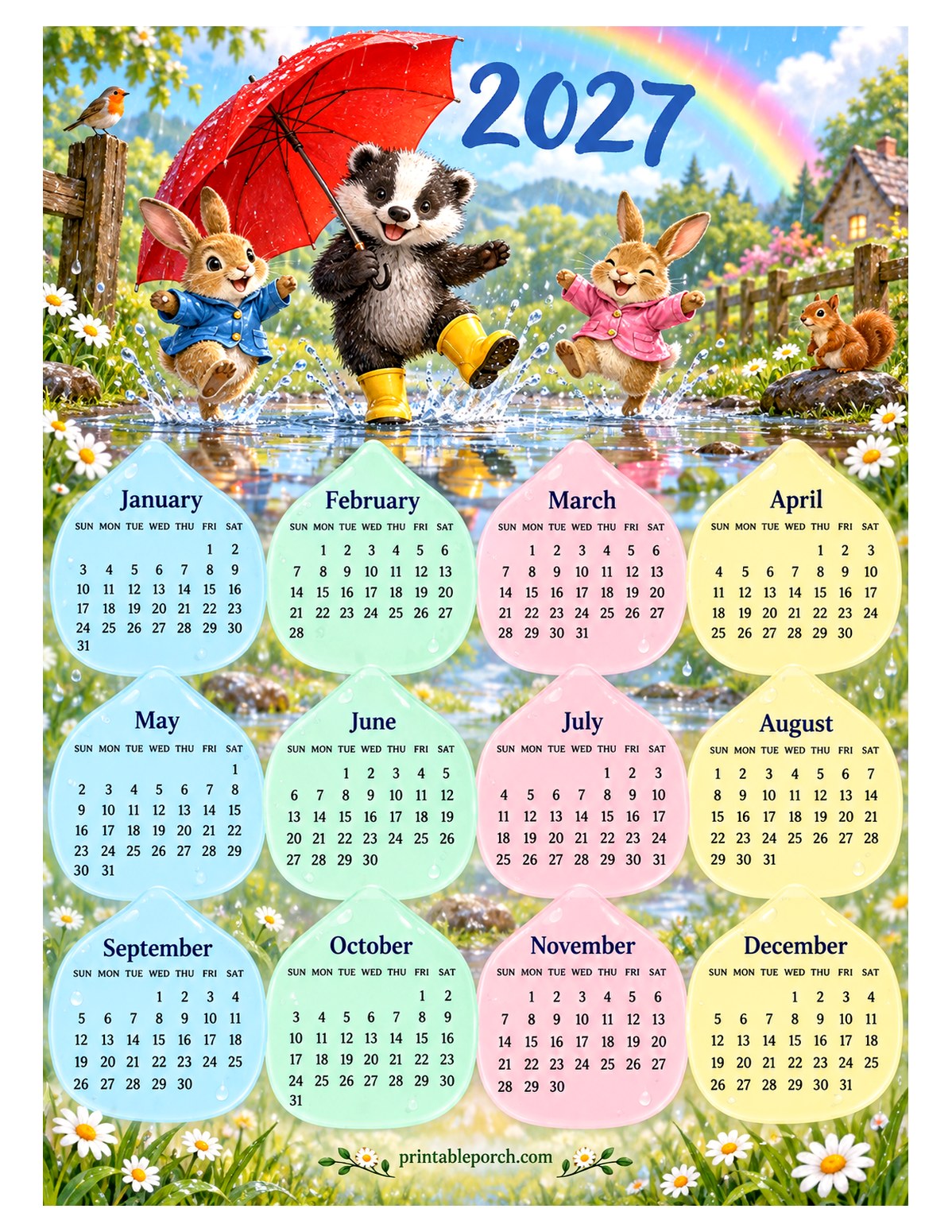 Woodland Animal 2027 Yearly Calendar - Puddle Splash