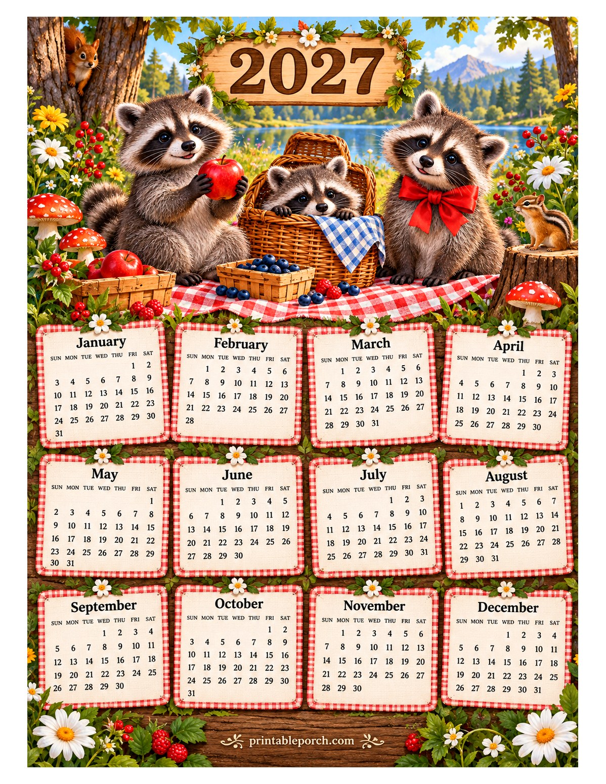 Woodland Animal 2027 Yearly Calendar - Raccoon Picnic