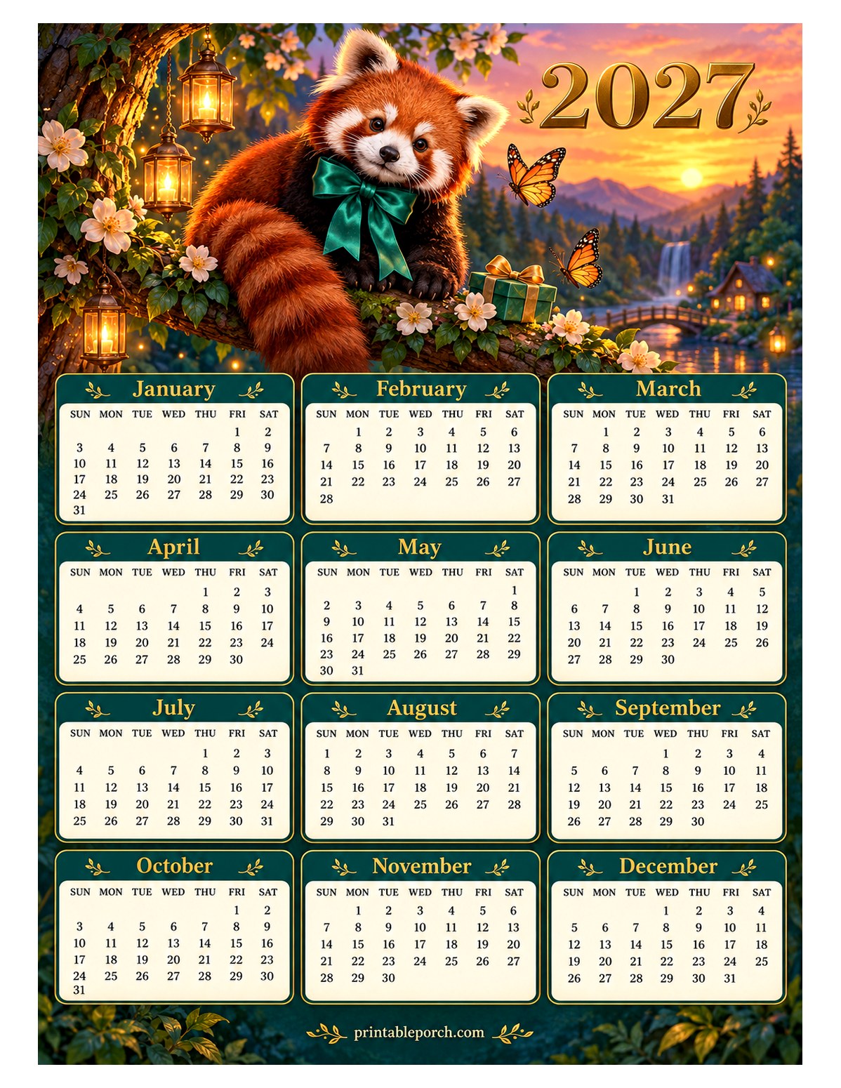 Woodland Animal 2027 Yearly Calendar - Red Panda Lanterns